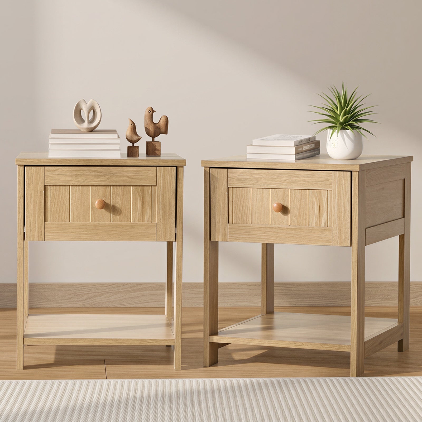 Oikiture 2pc Bedside Table Side End 1 Drawer Storage Shelf Nightstand Natural