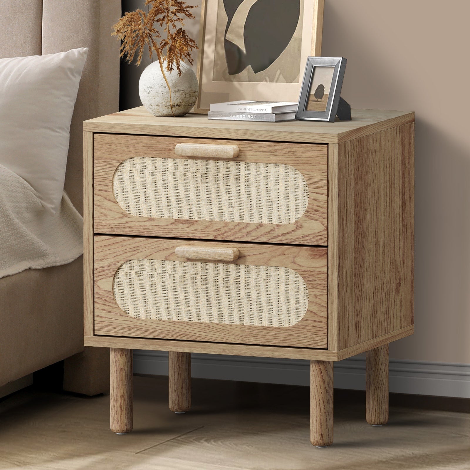 Oikiture Bedside Table Drawers Side End Tables Storage Nightstand Natural - Sunyee