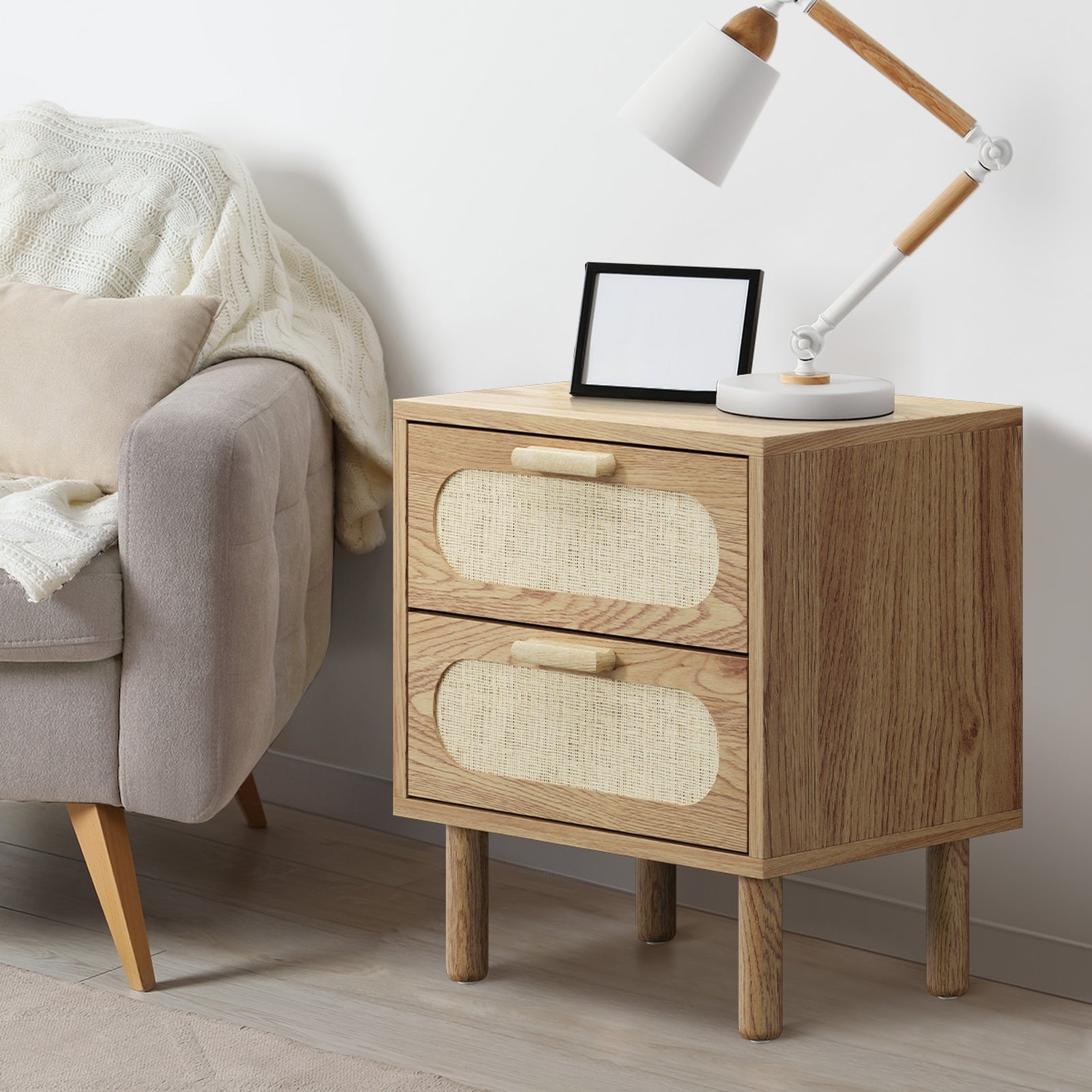 Oikiture Bedside Table Drawers Side End Tables Storage Nightstand Natural - Sunyee
