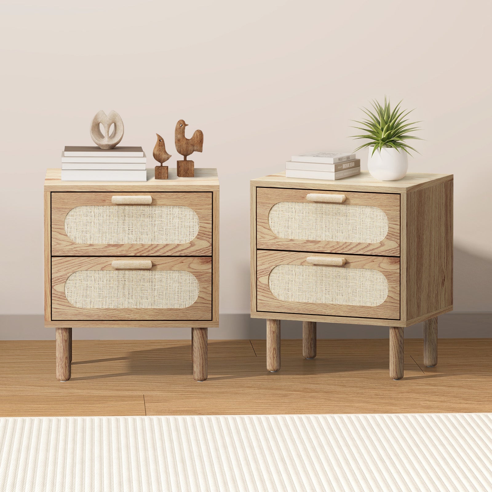 Oikiture 2x Bedside Table Drawers Side End Tables Storage Nightstand Natural - Sunyee