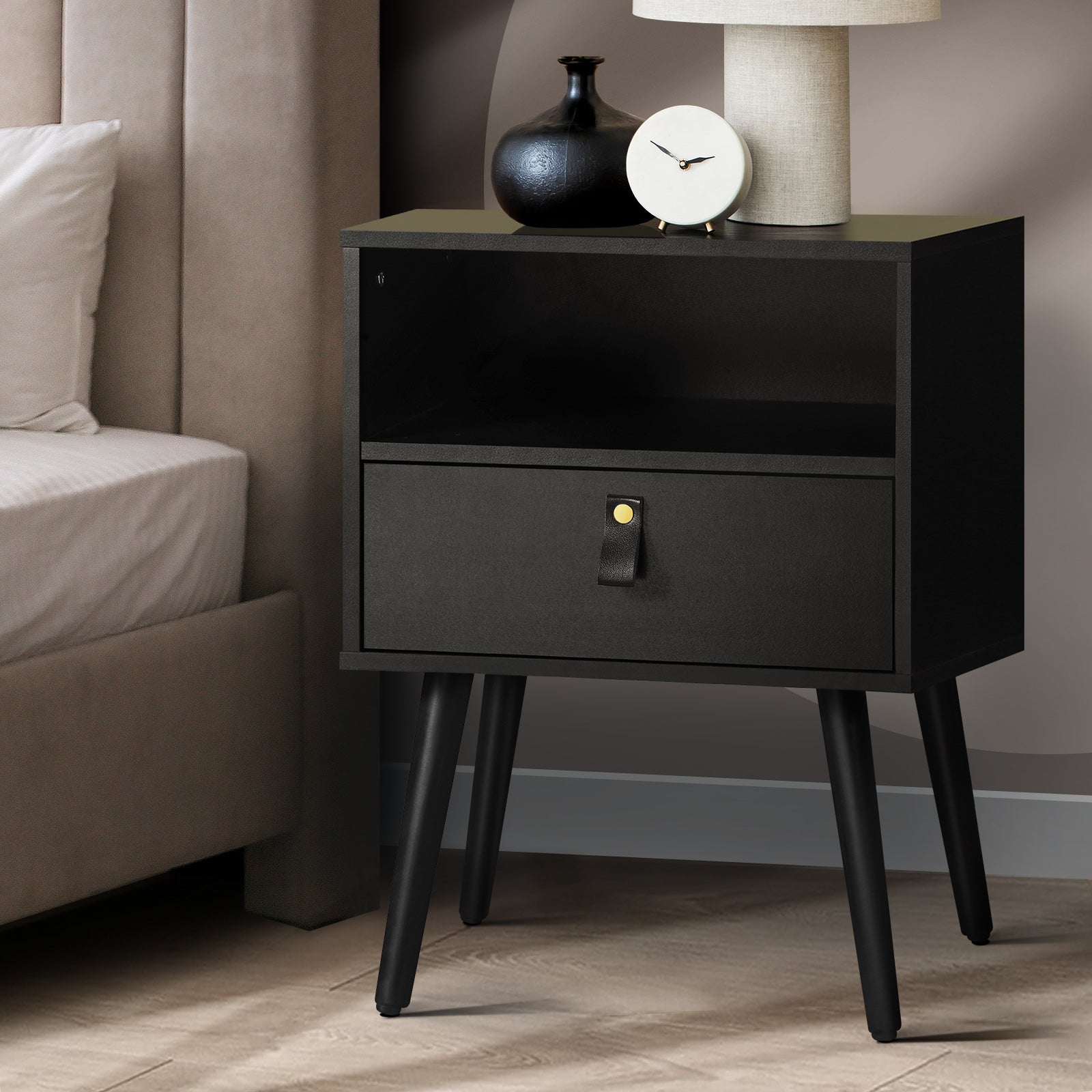 Oikiture Bedside Tables Side Table Storage Cabinet w/ Leather Handle - Sunyee