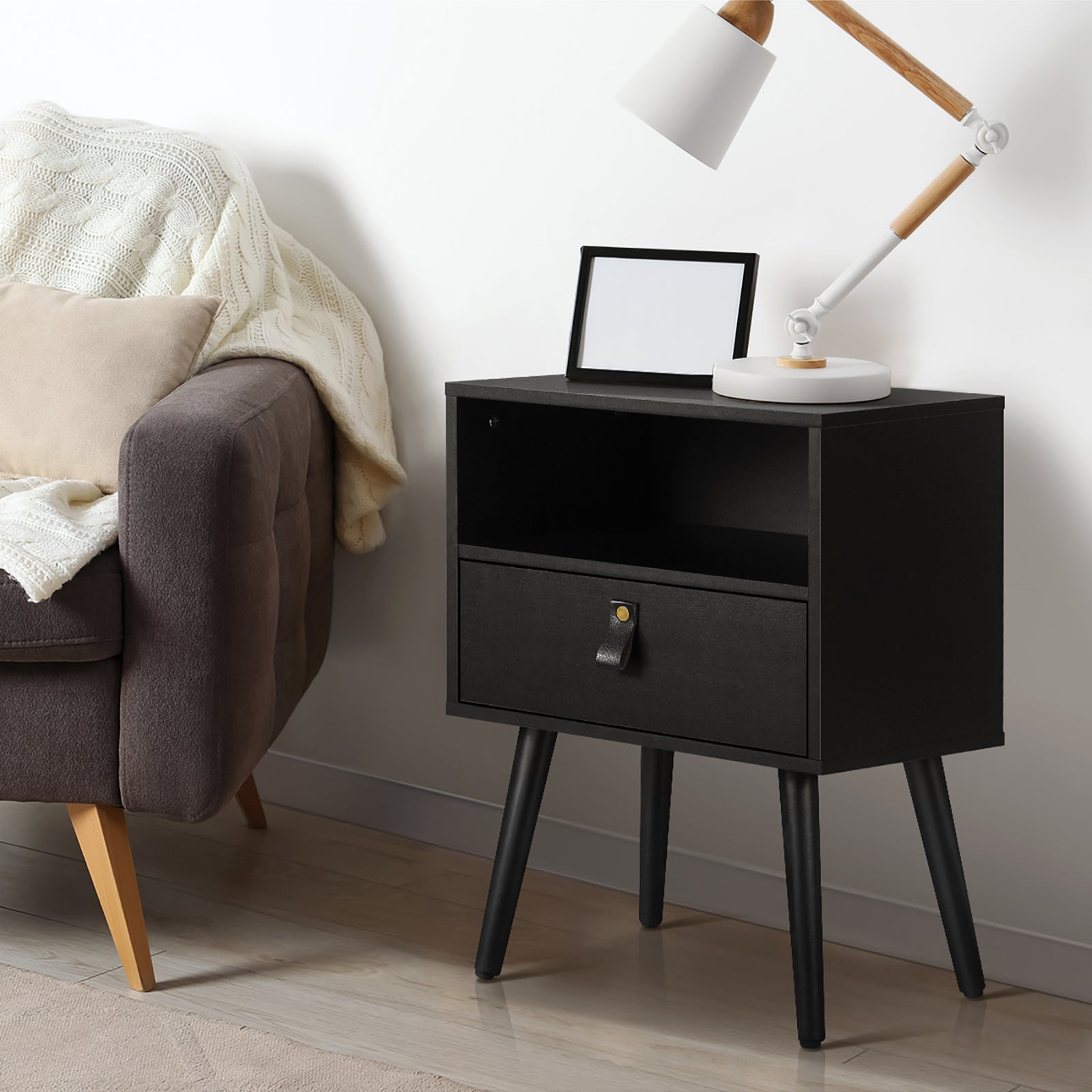 Oikiture Bedside Tables Side Table Storage Cabinet w/ Leather Handle Black - Sunyee
