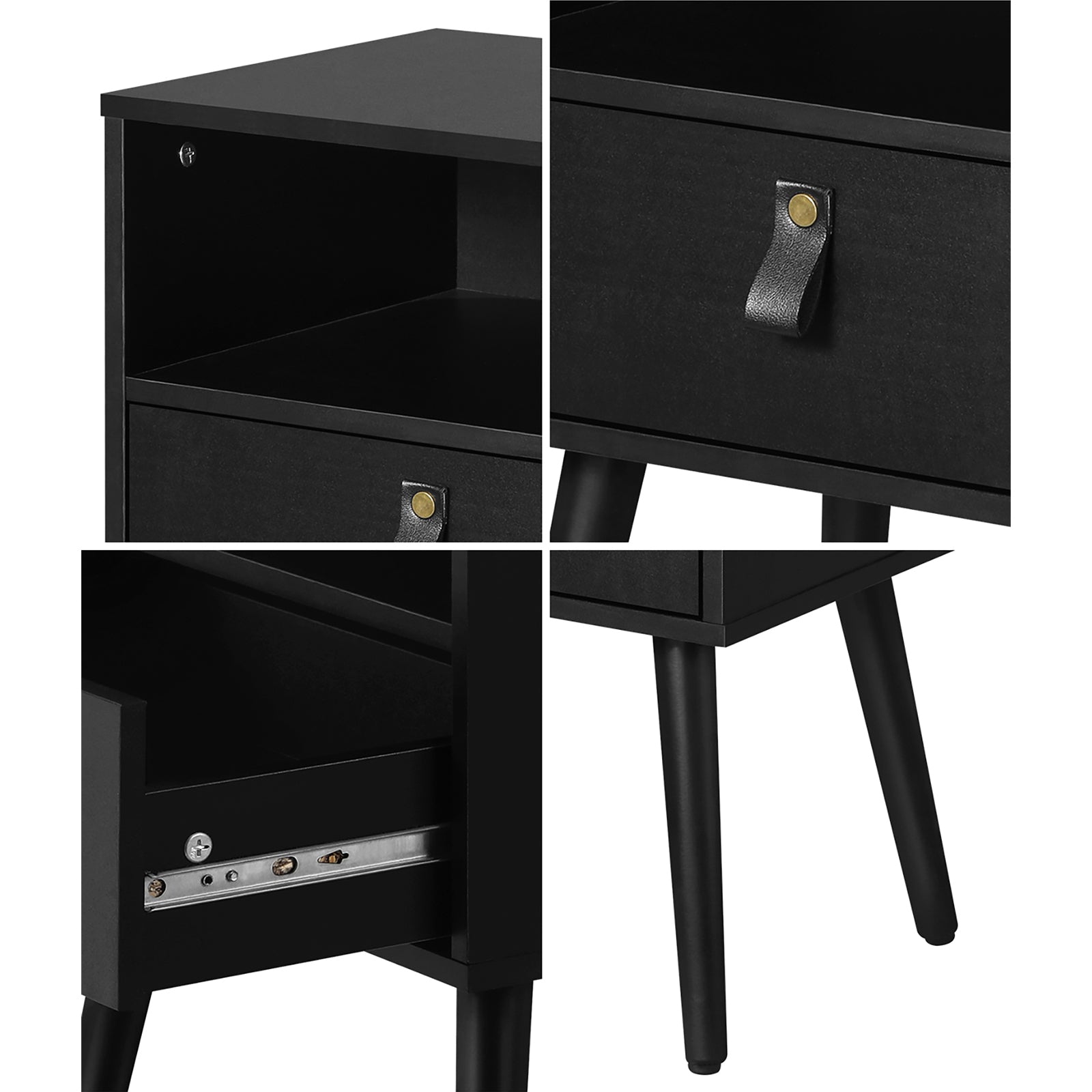 Oikiture Bedside Tables Side Table Storage Cabinet w/ Leather Handle Black - Sunyee