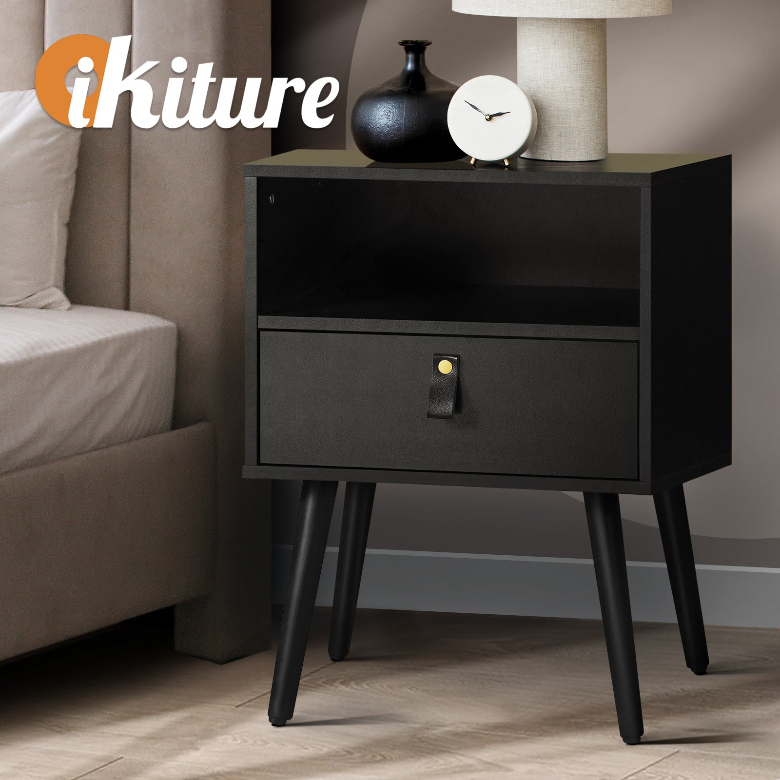 Oikiture Bedside Tables Side Table Storage Cabinet w/ Leather Handle Black - Sunyee