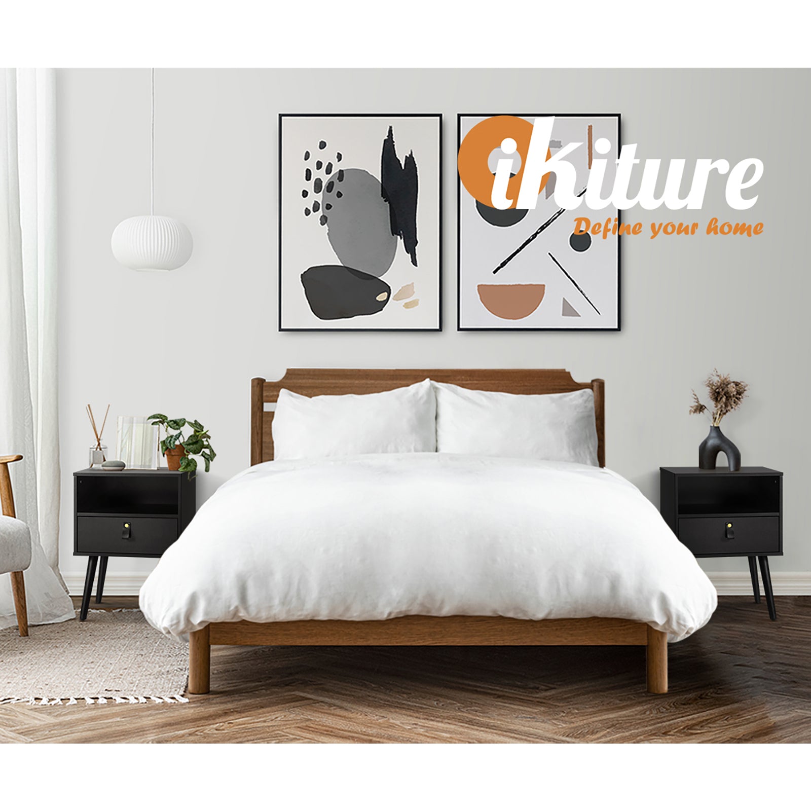 Oikiture 2 X Bedside Tables Side Table w/ Leather Handle Black - Sunyee