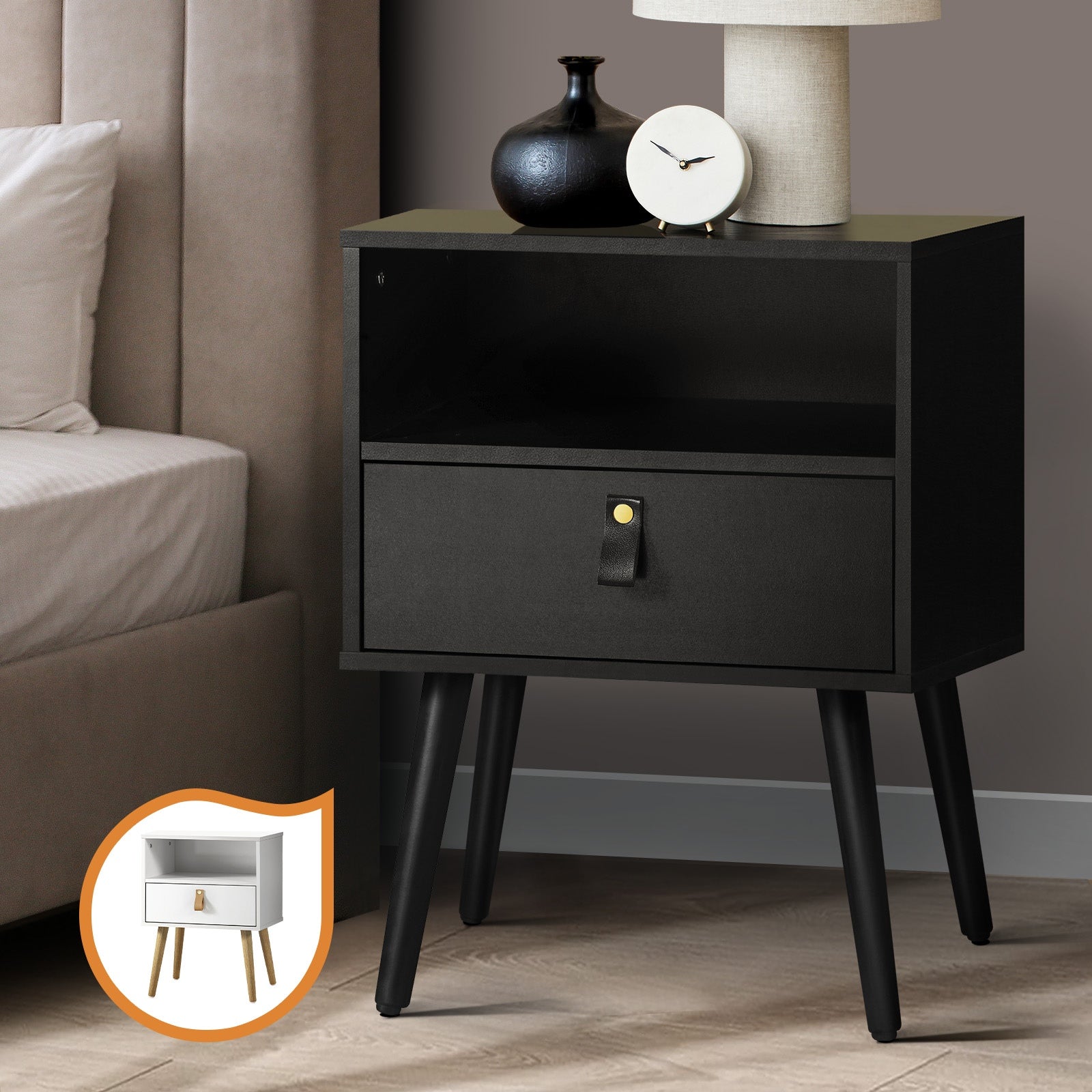 Oikiture Bedside Tables Side Table Storage Cabinet w/ Leather Handle - Sunyee