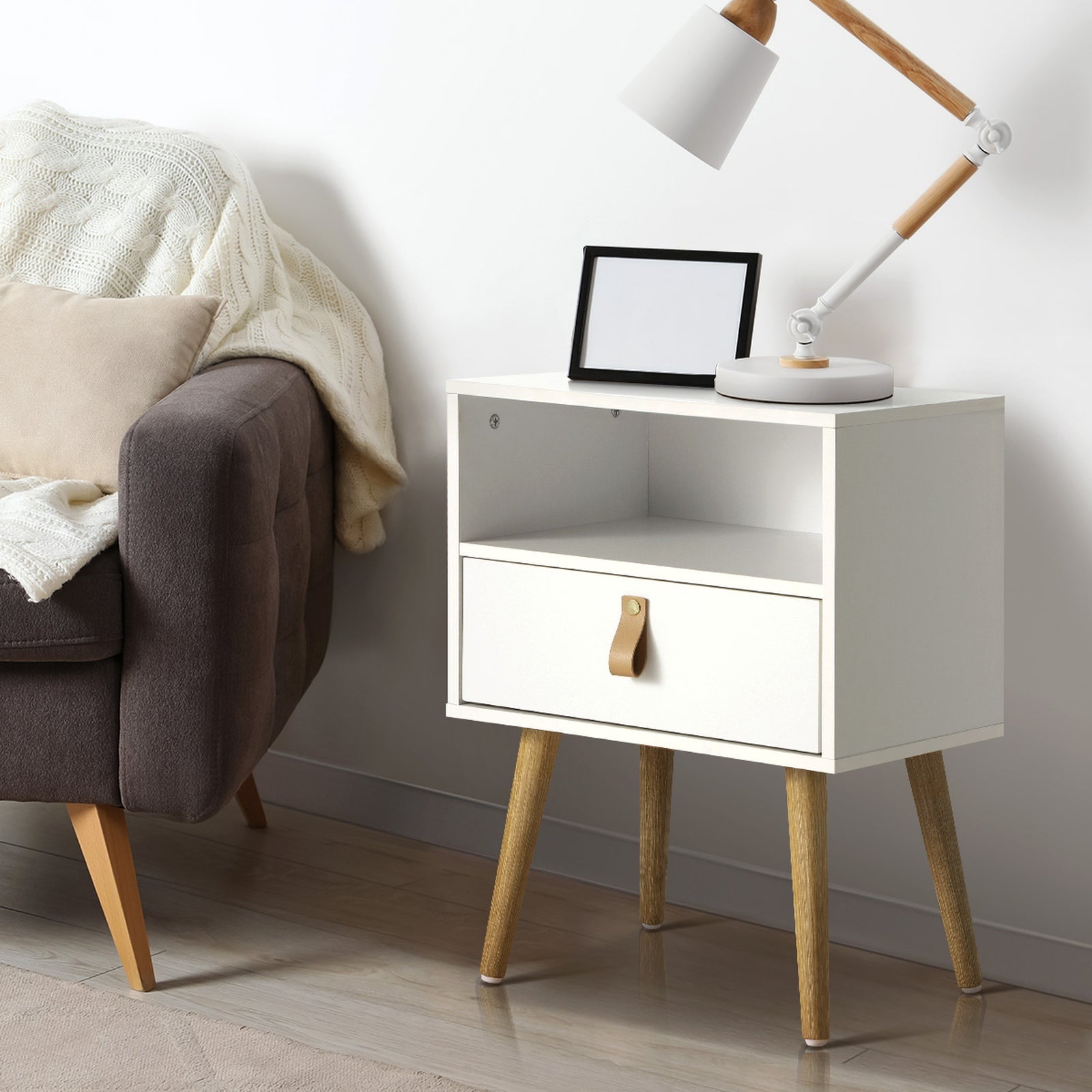 Oikiture Bedside Tables Side Table Storage Cabinet w/ Leather Handle - Sunyee