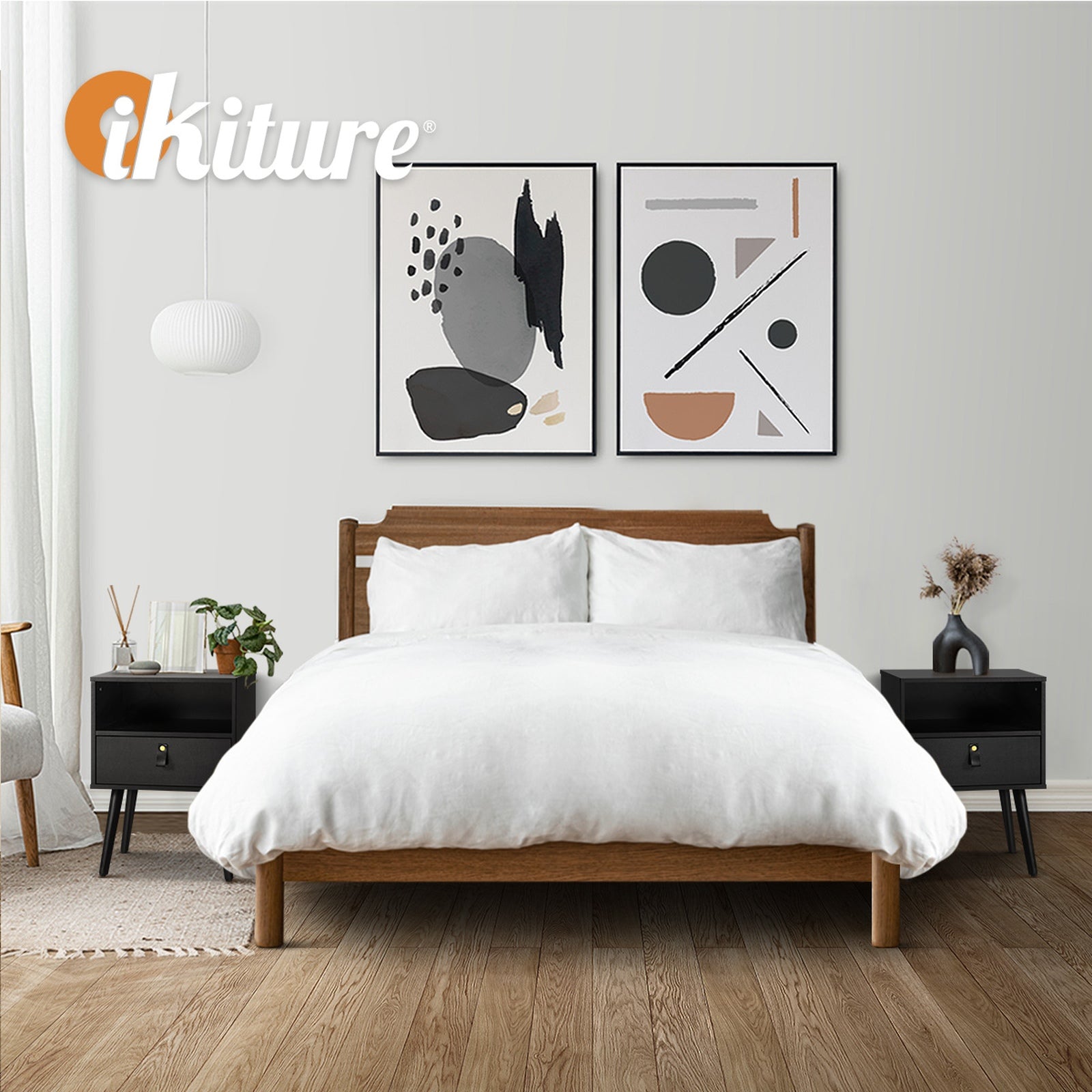 Oikiture Bedside Tables Side Table Storage Cabinet w/ Leather Handle - Sunyee