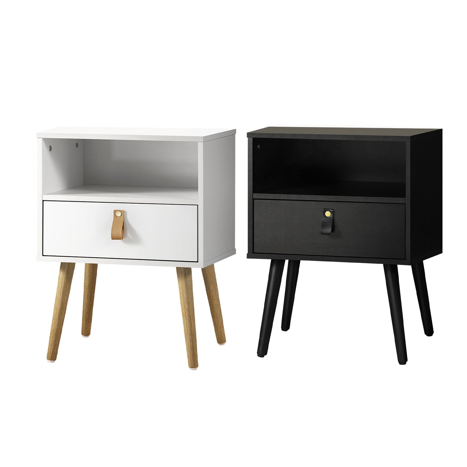 Oikiture Bedside Tables Side Table Storage Cabinet w/ Leather Handle - Sunyee