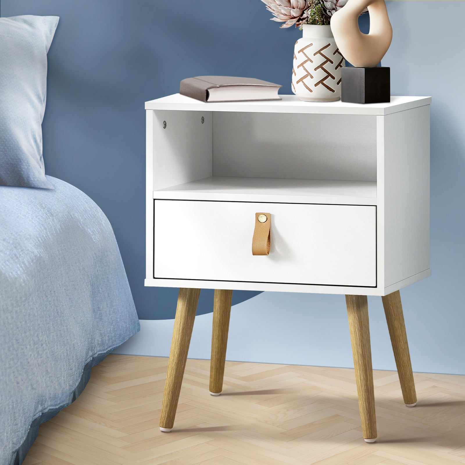 Oikiture Bedside Tables Side Table Storage Cabinet w/ Leather Handle - Sunyee