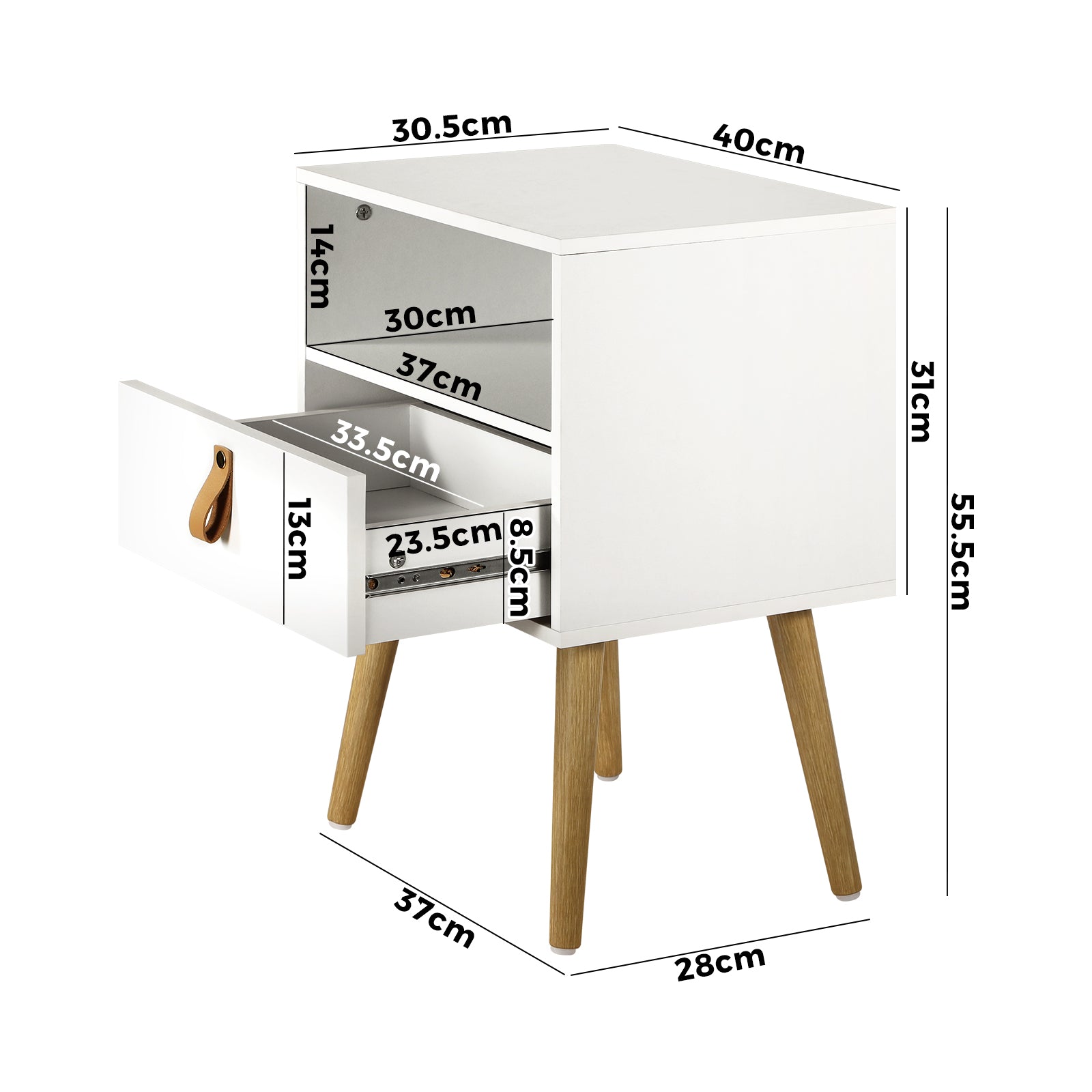 Oikiture Bedside Tables Side Table Drawer Cabinet w/ Leather Handle White - Sunyee
