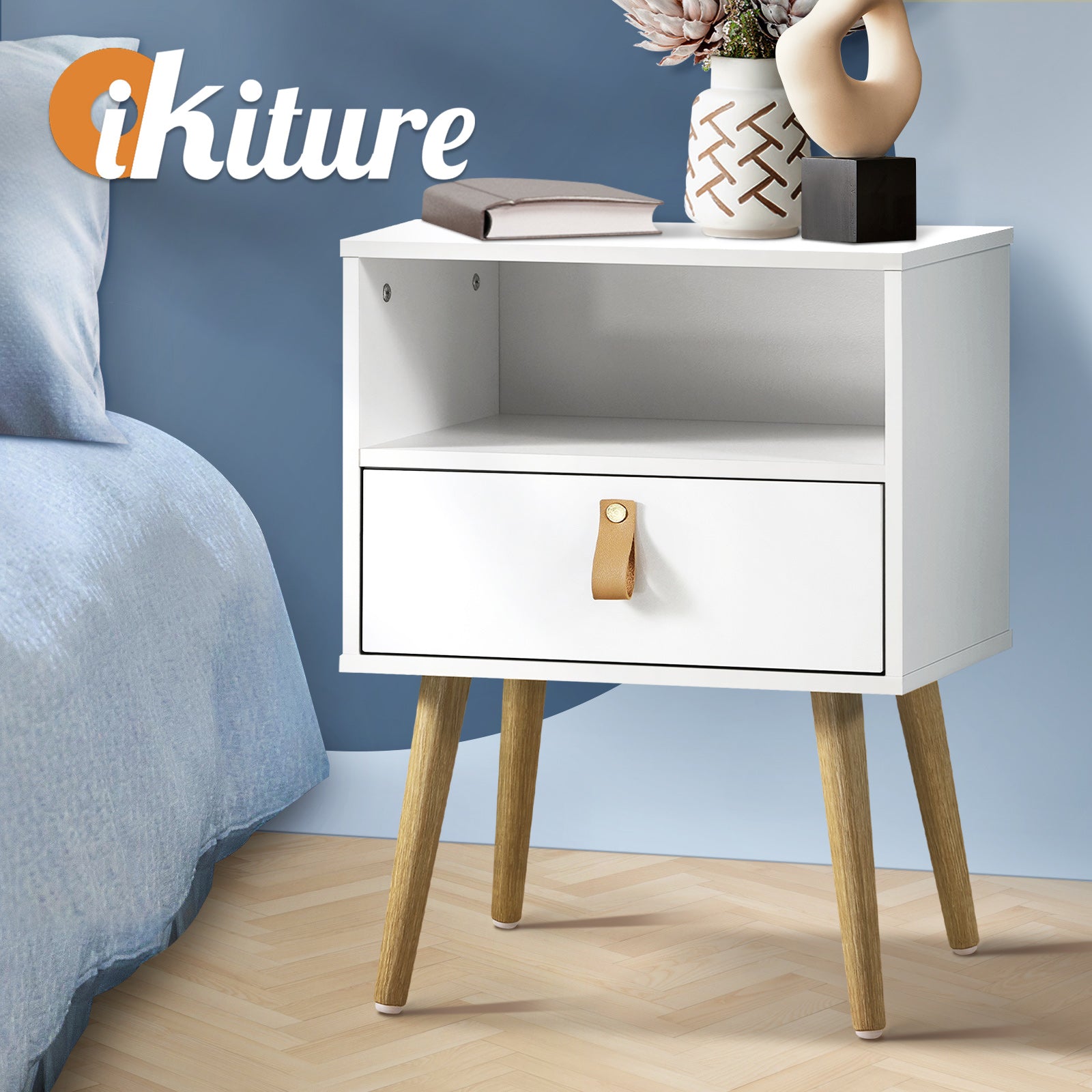 Oikiture Bedside Tables Side Table Drawer Cabinet w/ Leather Handle White - Sunyee