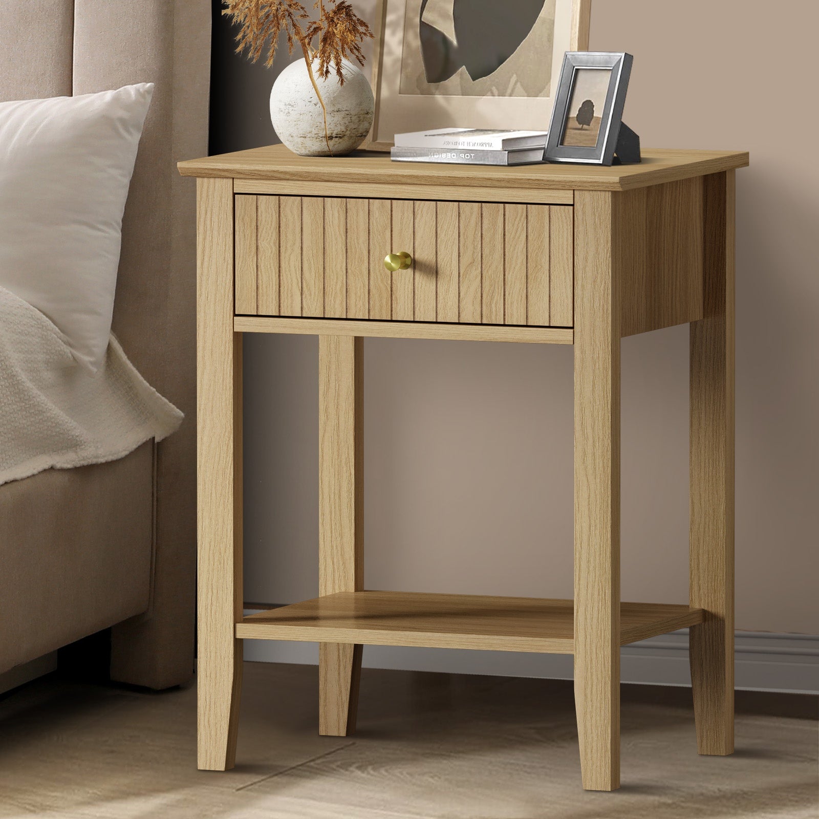 Oikiture Bedside Table with Drawer Side End Table Open Shelf Nightstand Natural - Sunyee