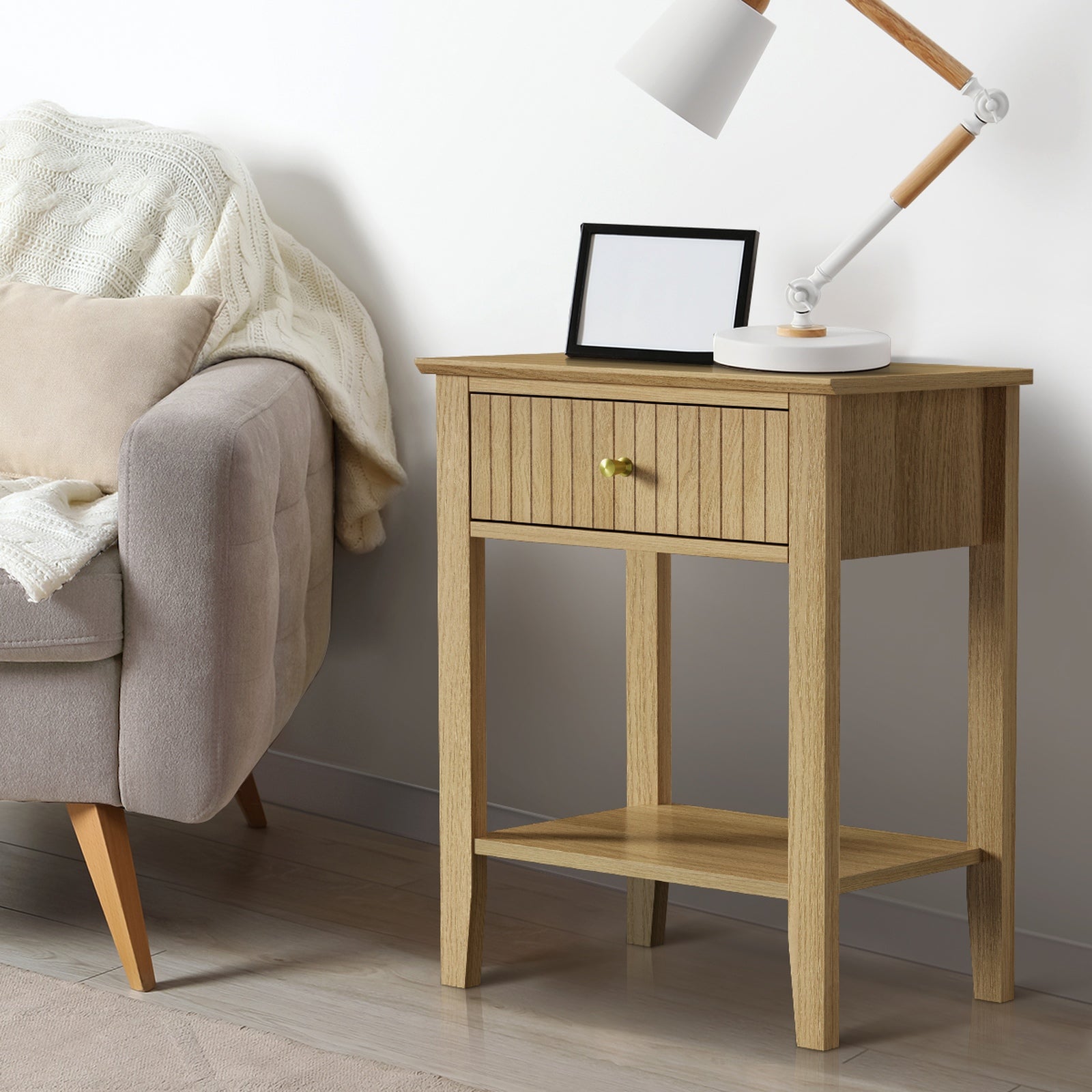 Oikiture Bedside Table with Drawer Side End Table Open Shelf Nightstand Natural - Sunyee