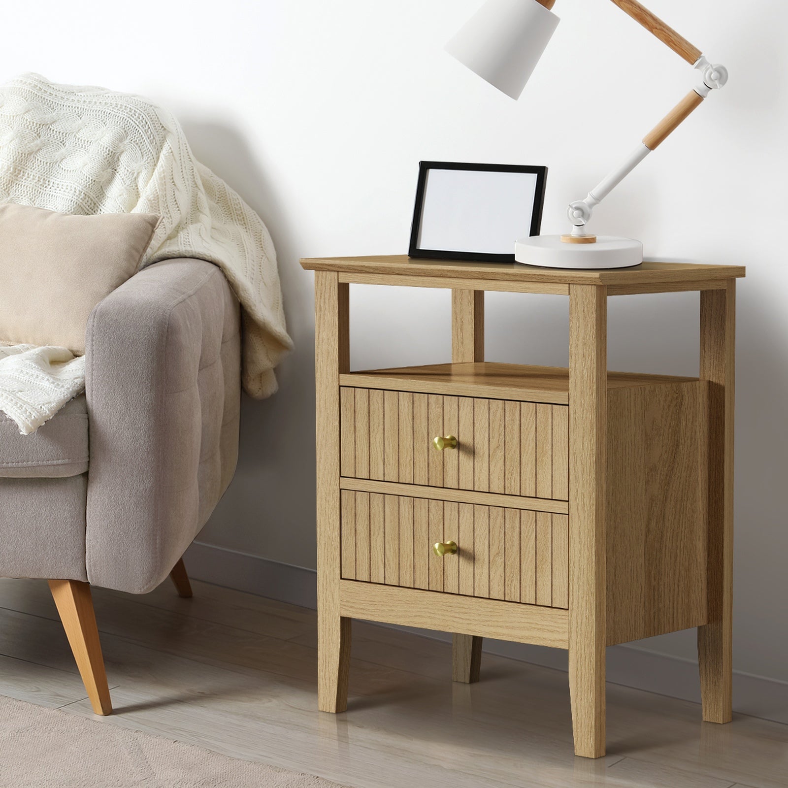 Oikiture 2x Bedside Table 2 Drawers Side End Table Open Shelf Nightstand Natural - Sunyee