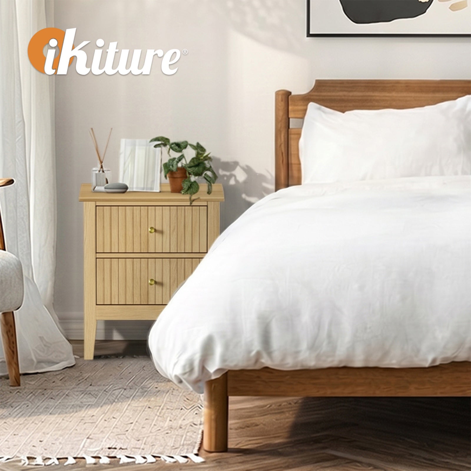 Oikiture Bedside Table 2 Drawers Nightstand Cabinet Gold Handle Natural