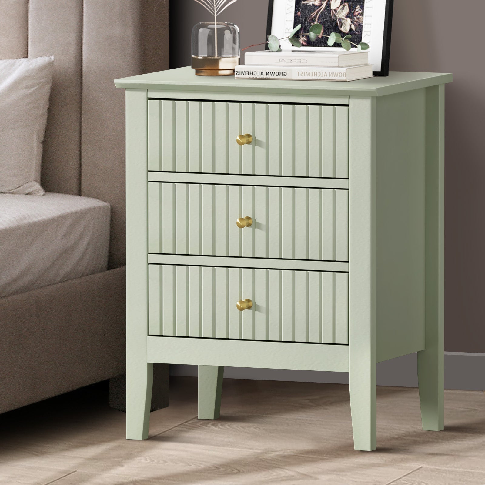 Oikiture Bedside Table 3 Drawers Side End Storage Furniture Nightstand Green - Sunyee