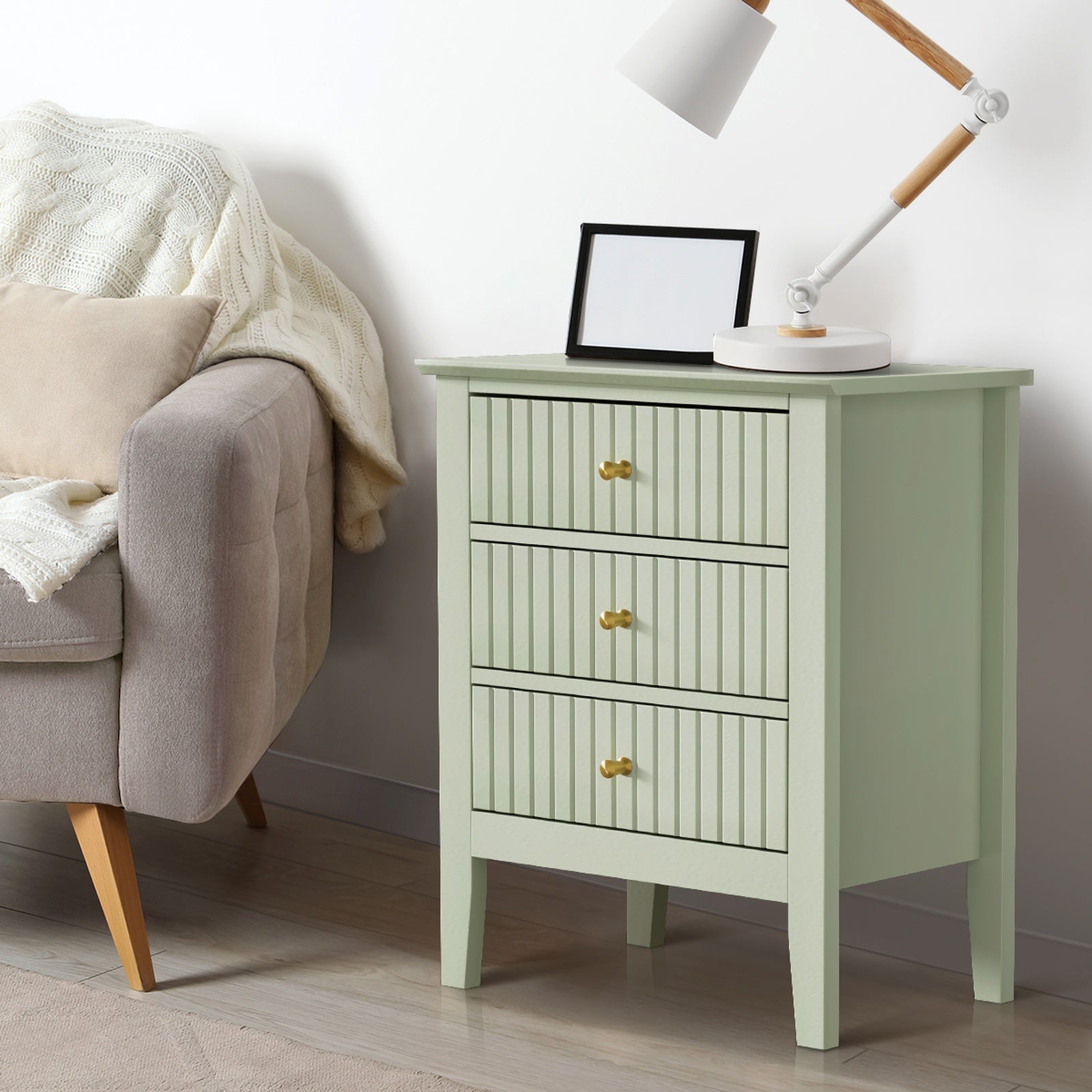 Oikiture Bedside Table 3 Drawers Side End Storage Furniture Nightstand Green - Sunyee