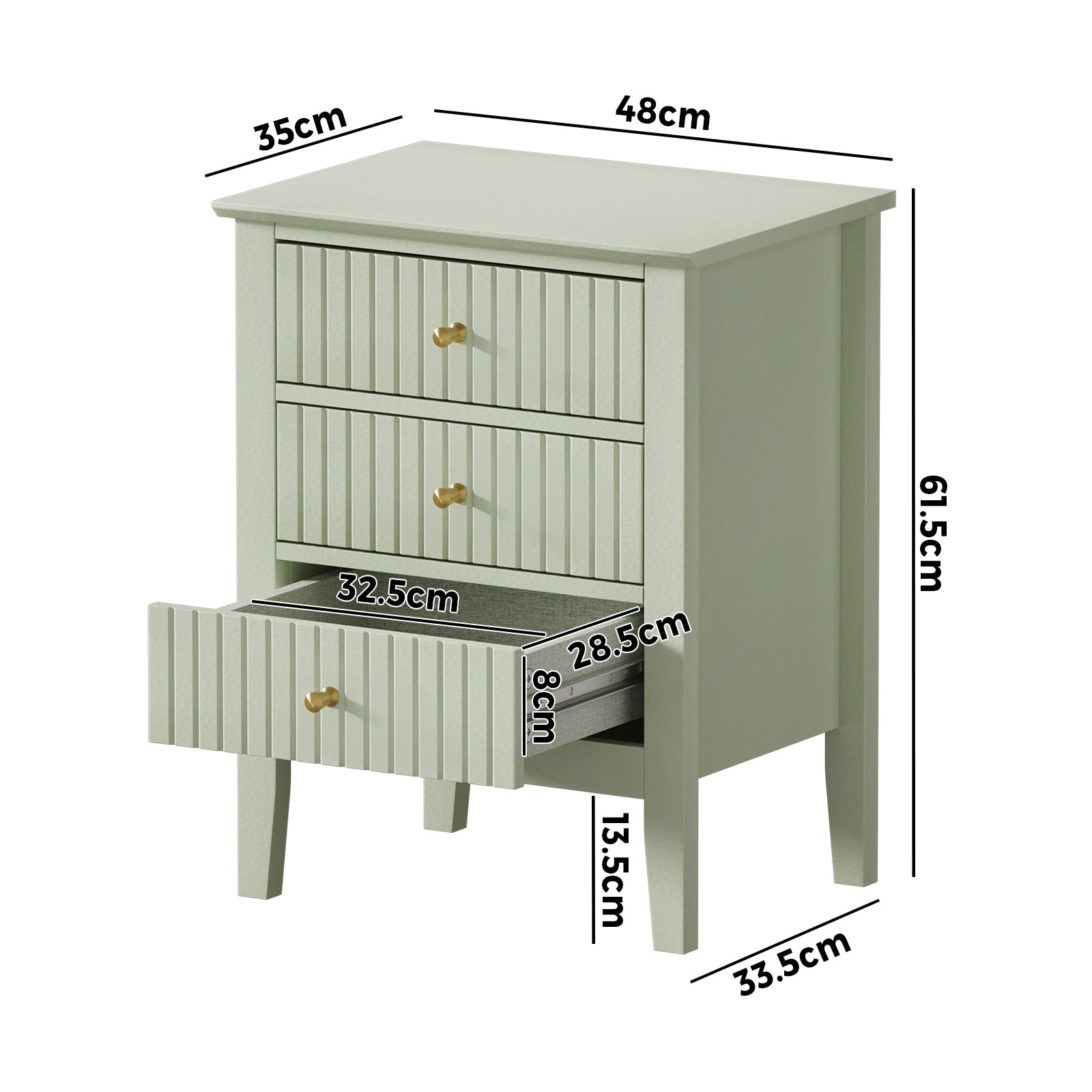 Oikiture Bedside Table 3 Drawers Side End Storage Furniture Nightstand Green - Sunyee