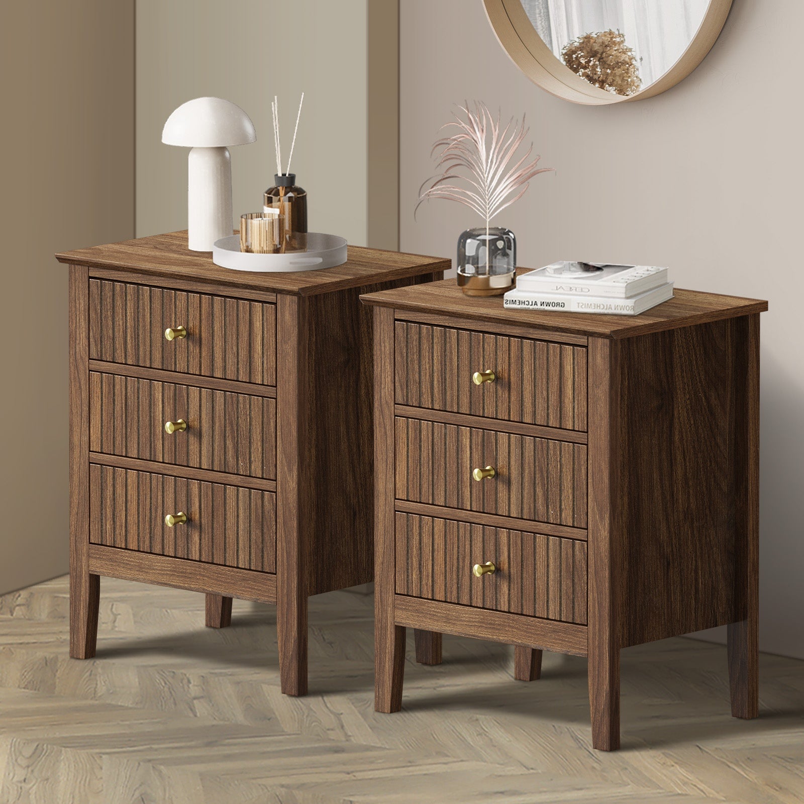 Oikiture Bedside Tables Set of 2 Side End Storage Furniture Nightstand Walnut - Sunyee