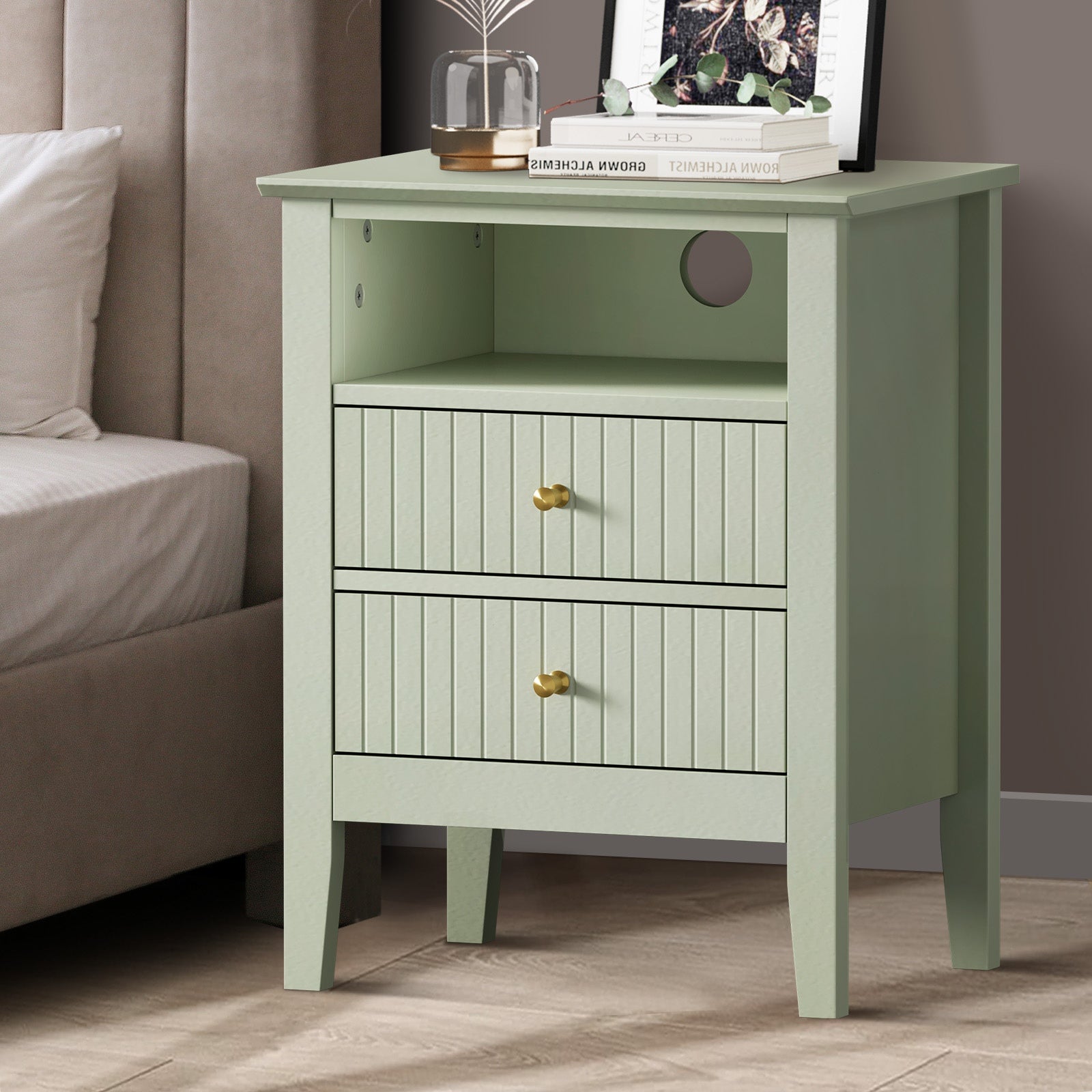 Oikiture Bedside Table Nightstand 2 Drawer with Shelf Storage Cabinet - Sunyee