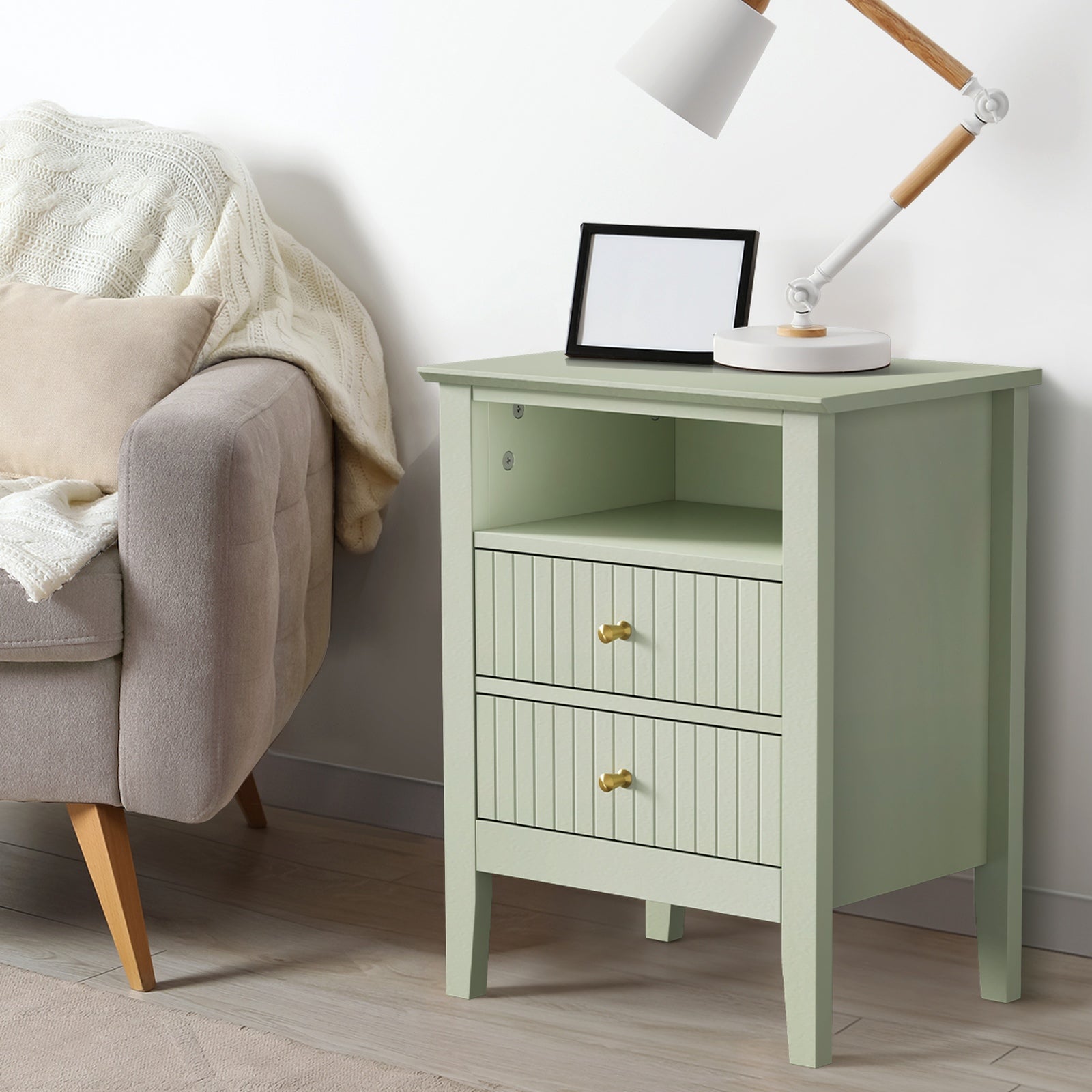 Oikiture Bedside Table Nightstand 2 Drawer with Shelf Storage Cabinet Green - Sunyee