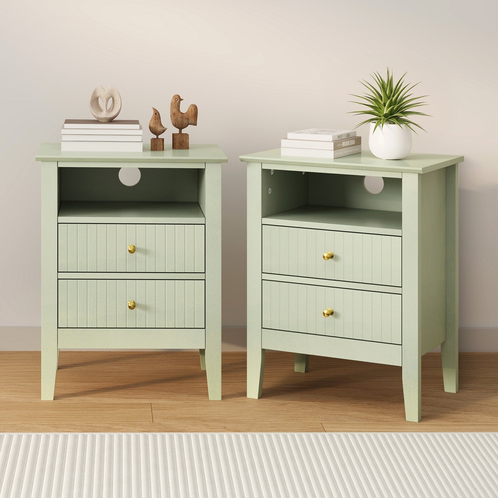 Oikiture 2x Bedside Table Nightstand 2 Drawers Shelf Bedroom Cabinet Green - Sunyee