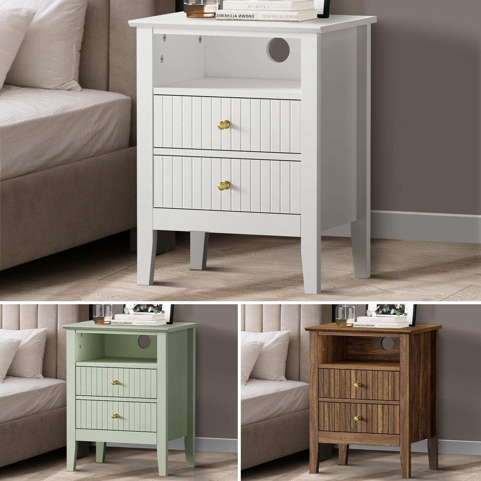 Oikiture Bedside Table Nightstand 2 Drawer with Shelf Storage Cabinet - Sunyee