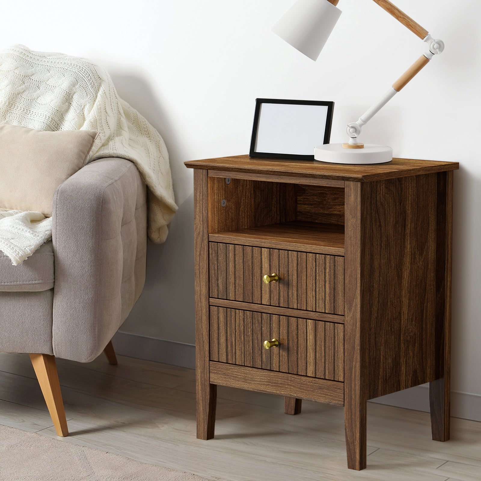 Oikiture Bedside Table Nightstand 2 Drawer with Shelf Storage Cabinet - Sunyee