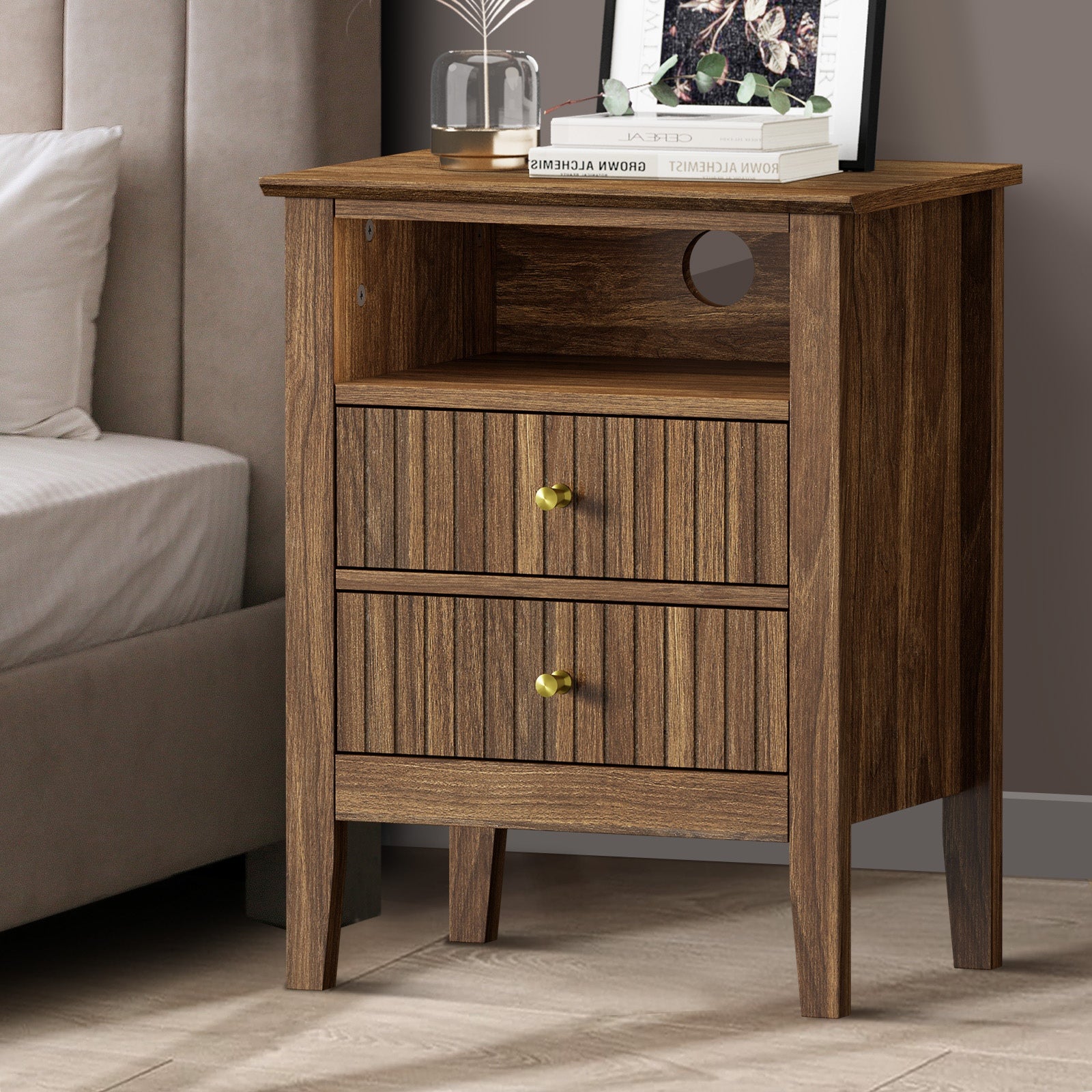 Oikiture Bedside Table Nightstand 2 Drawer with Shelf Storage Cabinet - Sunyee