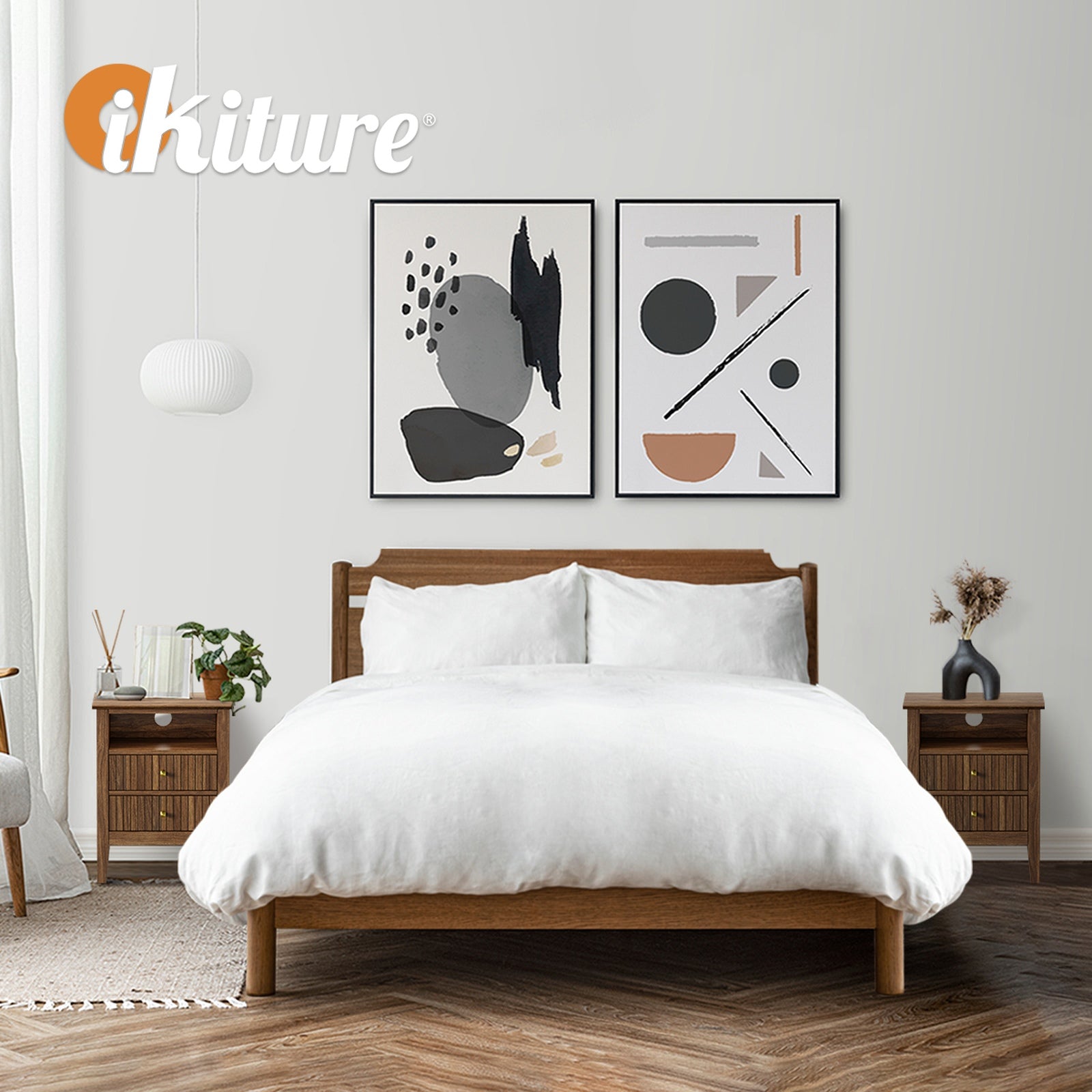 Oikiture Bedside Table Nightstand 2 Drawer with Shelf Storage Cabinet Walnut - Sunyee