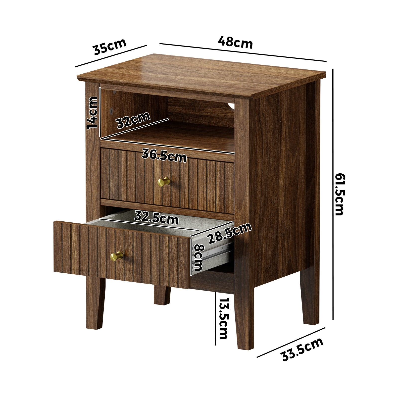 Oikiture Bedside Table Nightstand 2 Drawer with Shelf Storage Cabinet Walnut - Sunyee