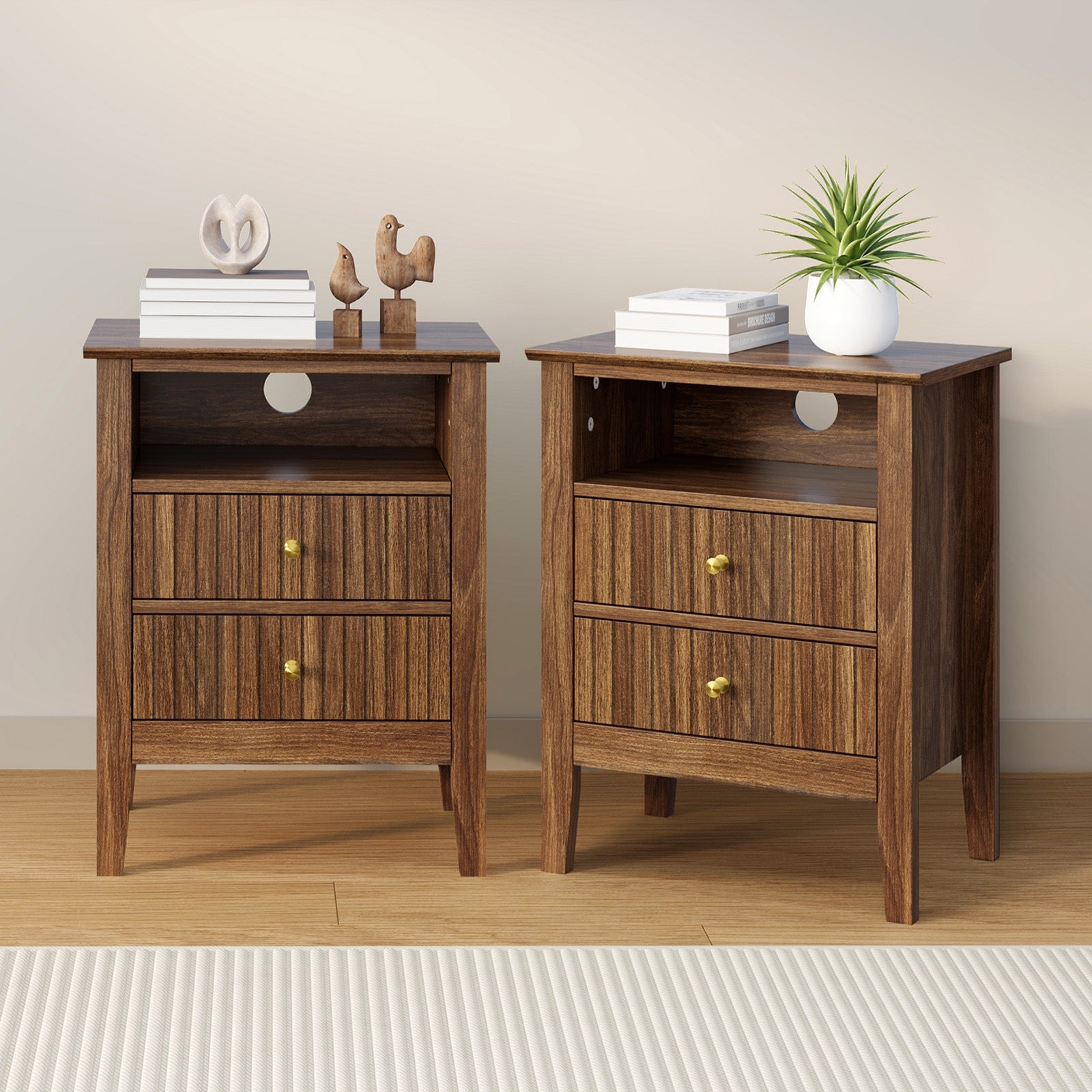 Oikiture 2x Bedside Table Nightstand 2 Drawer with Shelf Storage Cabinet Walnut - Sunyee