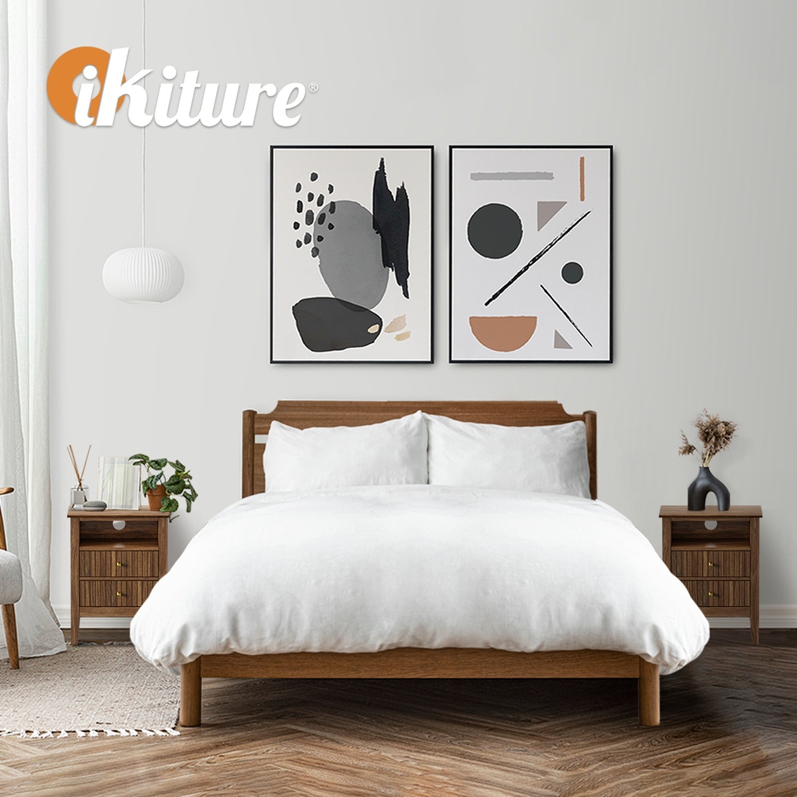 Oikiture 2x Bedside Table Nightstand 2 Drawer with Shelf Storage Cabinet Walnut - Sunyee