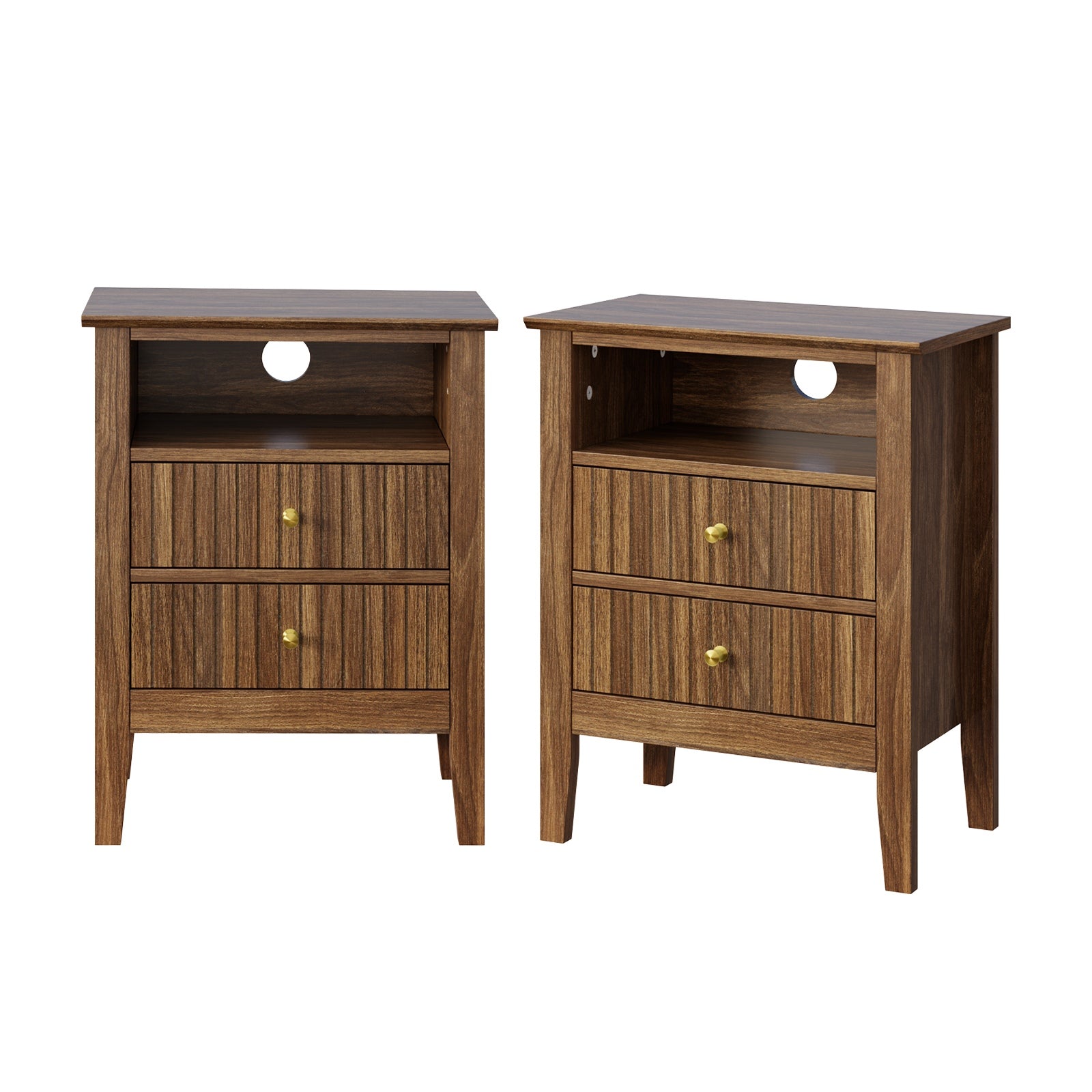 Oikiture 2x Bedside Table Nightstand 2 Drawer with Shelf Storage Cabinet Walnut - Sunyee