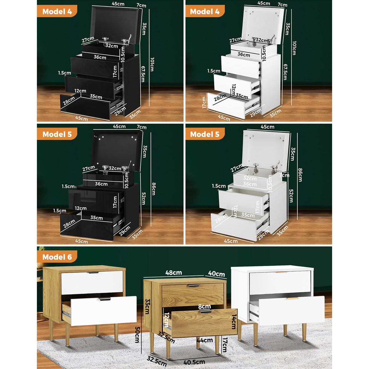Oikiture Bedside Table Drawers Side Table Storage Cabinet Bedroom Nightstand