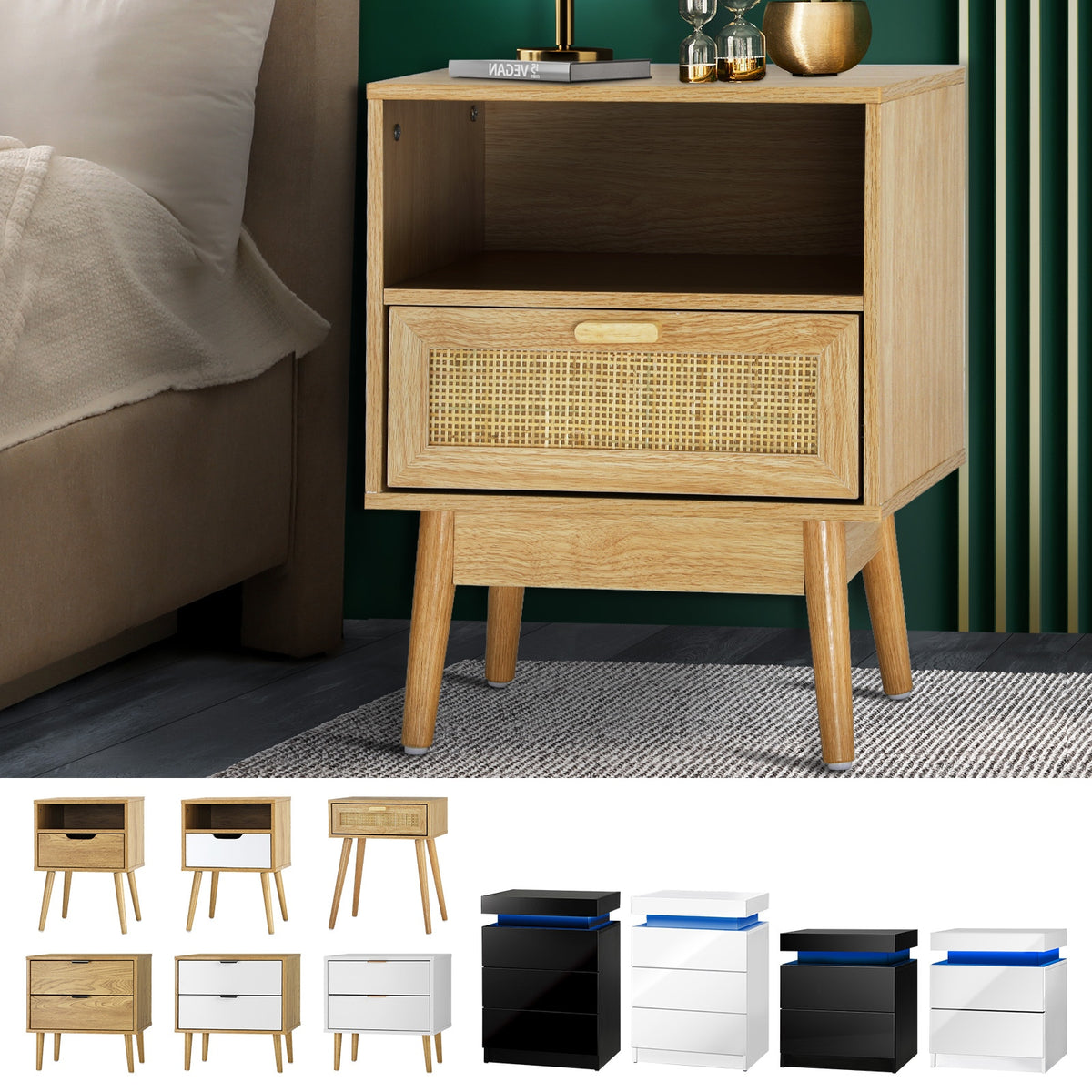 Oikiture Bedside Table Drawers Side Table Storage Cabinet Bedroom Nightstand