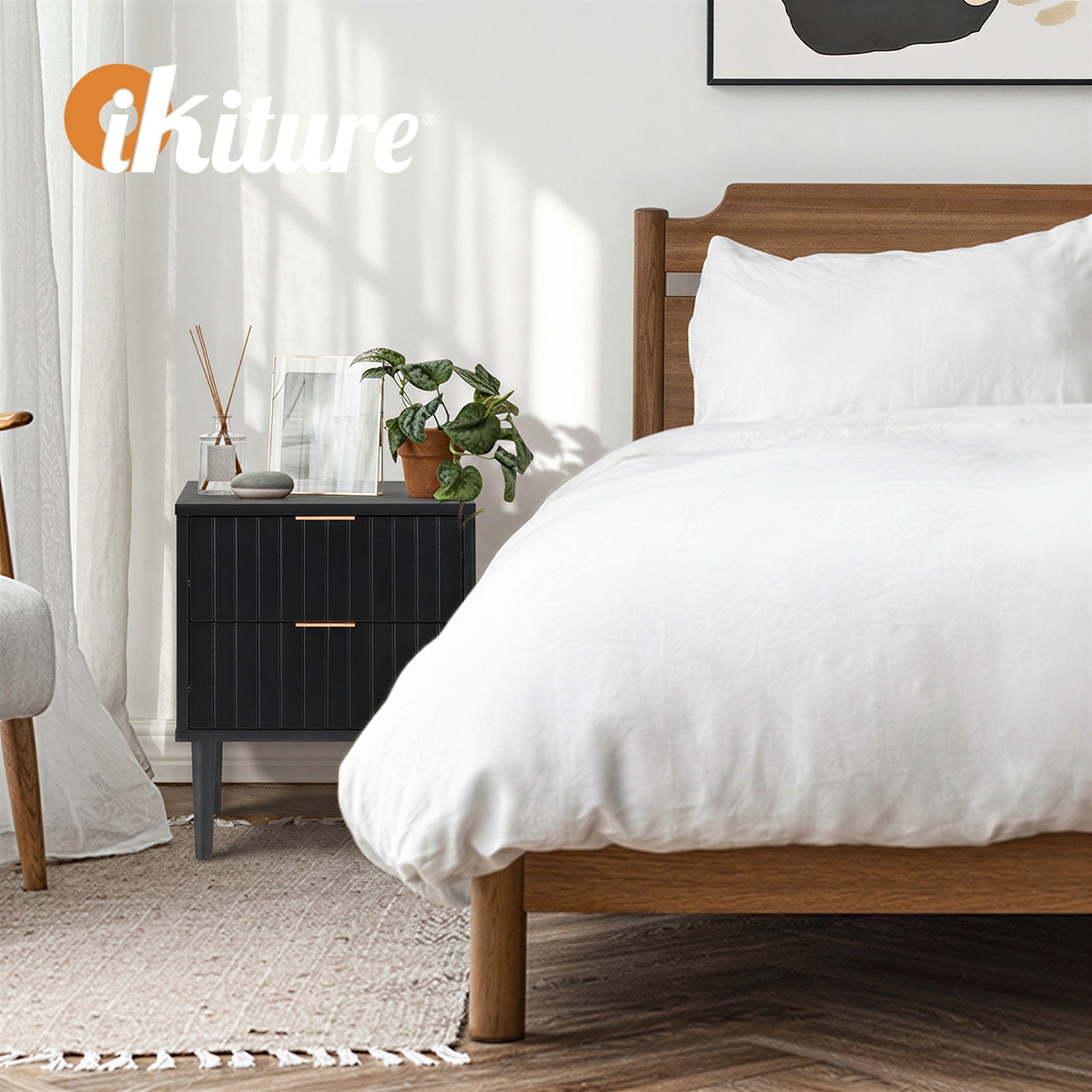 Oikiture Bedside Table 2 Drawers Side Storage Cabinet Metal Handle Black