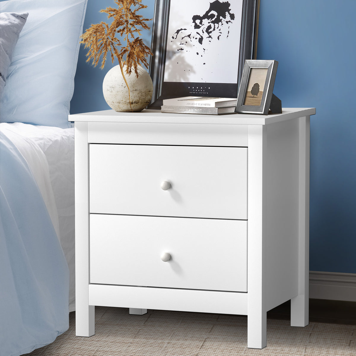 Oikiture Bedside Table Nightstand Side End Table Storage Cabinet 2 Drawers White - Sunyee