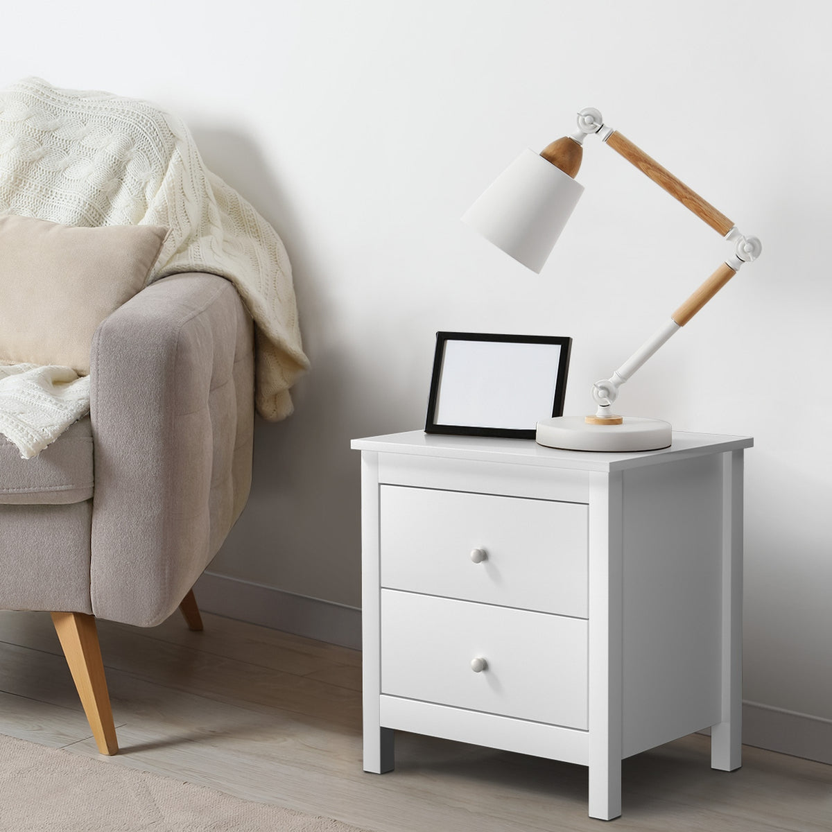 Oikiture Bedside Table Nightstand Side End Table Storage Cabinet 2 Drawers White - Sunyee