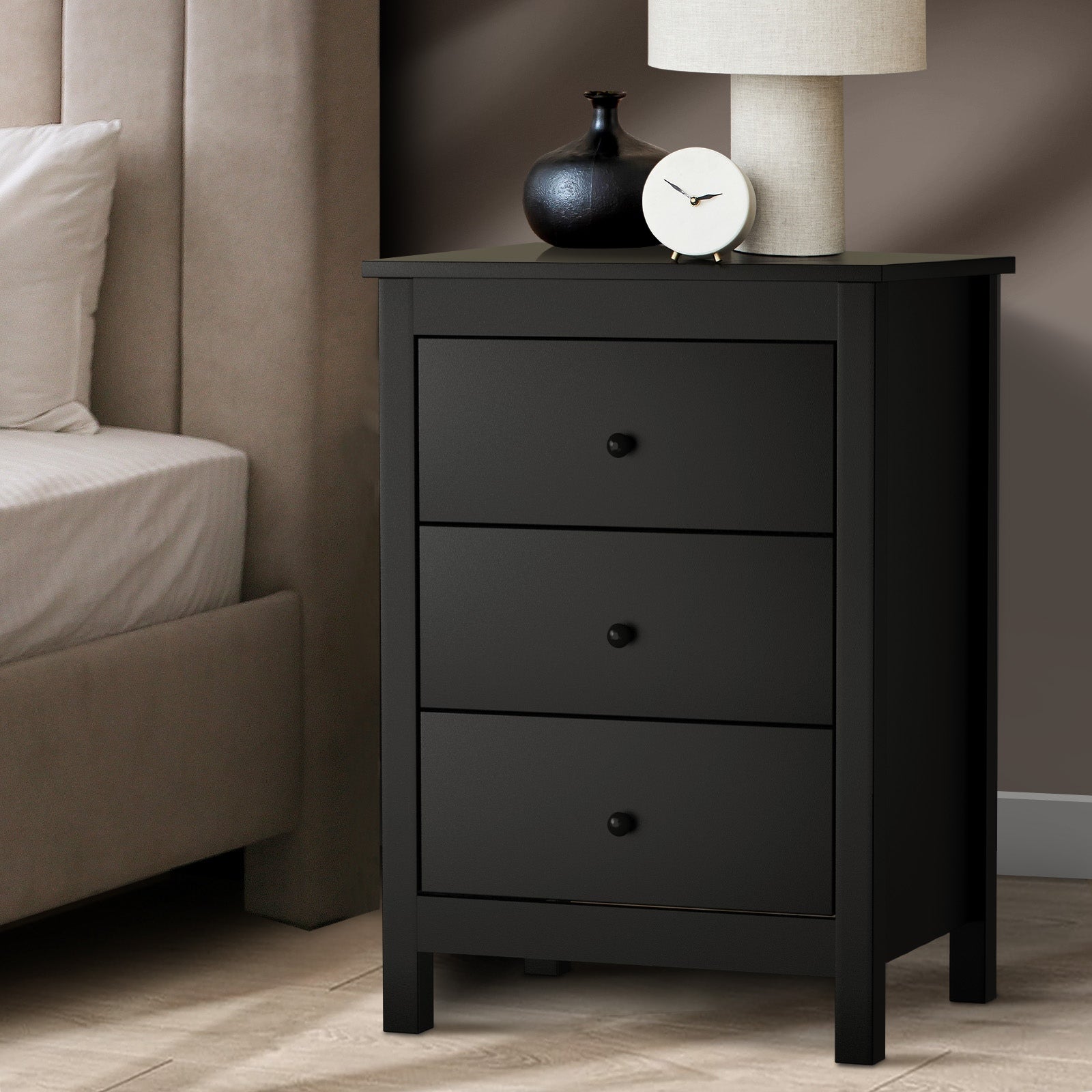 Oikiture Bedside Table 3 Drawers Hamptons Furniture Storage Cabinet Black - Sunyee