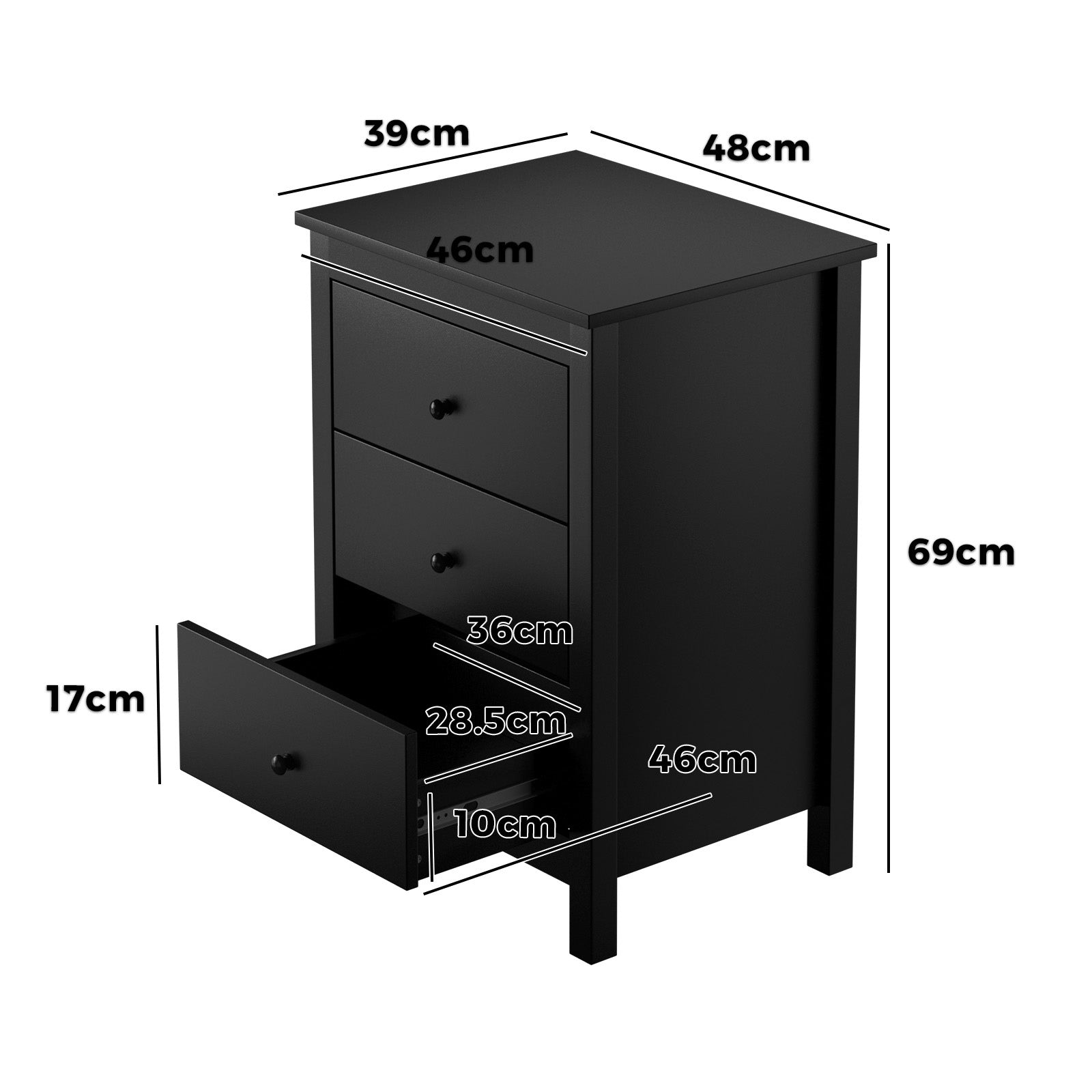 Oikiture Bedside Table 3 Drawers Hamptons Furniture Storage Cabinet Black - Sunyee