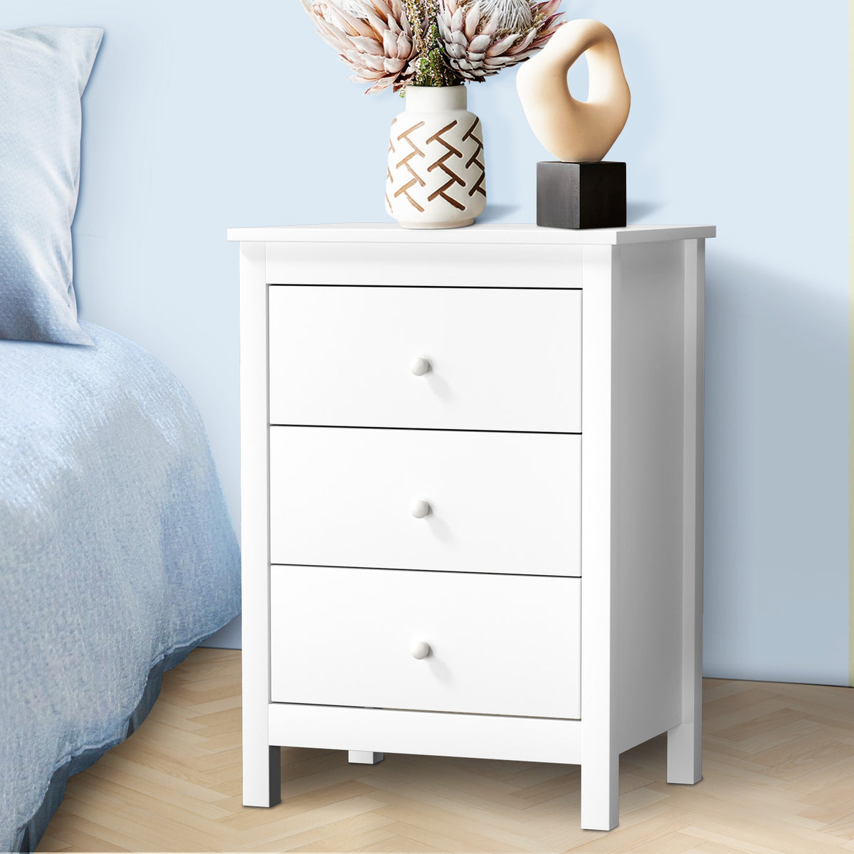Oikiture Bedside Table 3 Drawers Bedroom Hamptons Furniture Storage Cabinet - Sunyee