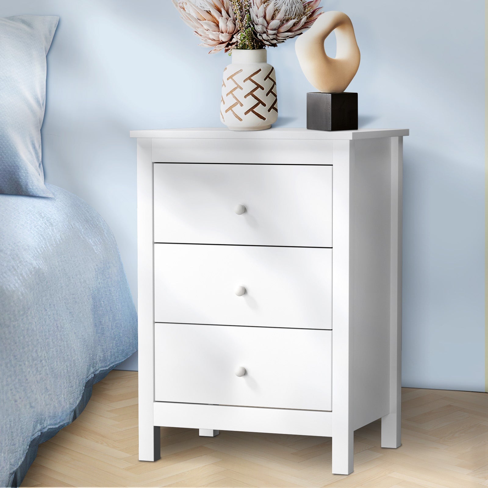 Oikiture Bedside Table 3 Drawers Bedroom Hamptons Furniture Storage Cabinet - Sunyee