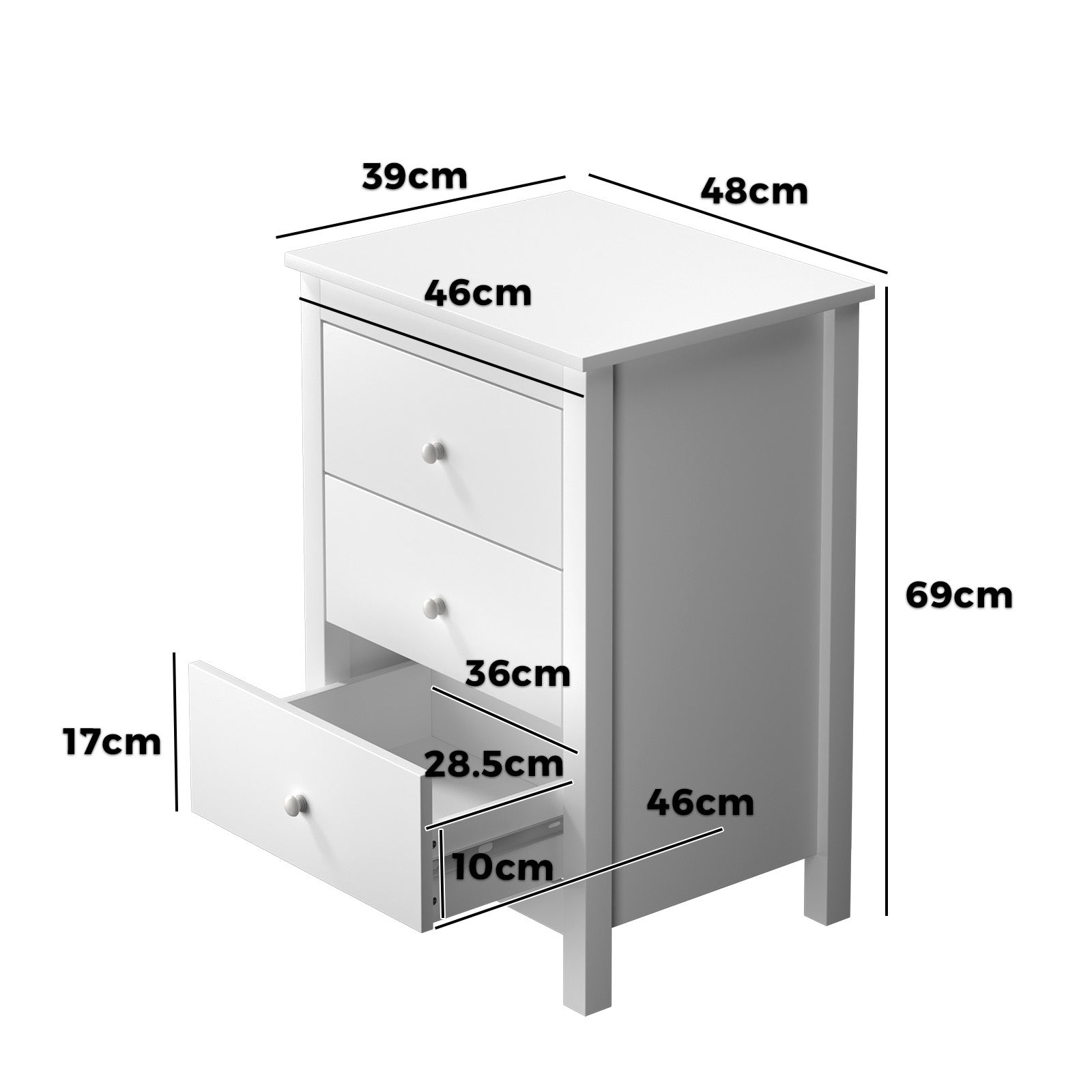 Oikiture Bedside Table 3 Drawers Bedroom Hamptons Furniture Storage Cabinet - Sunyee