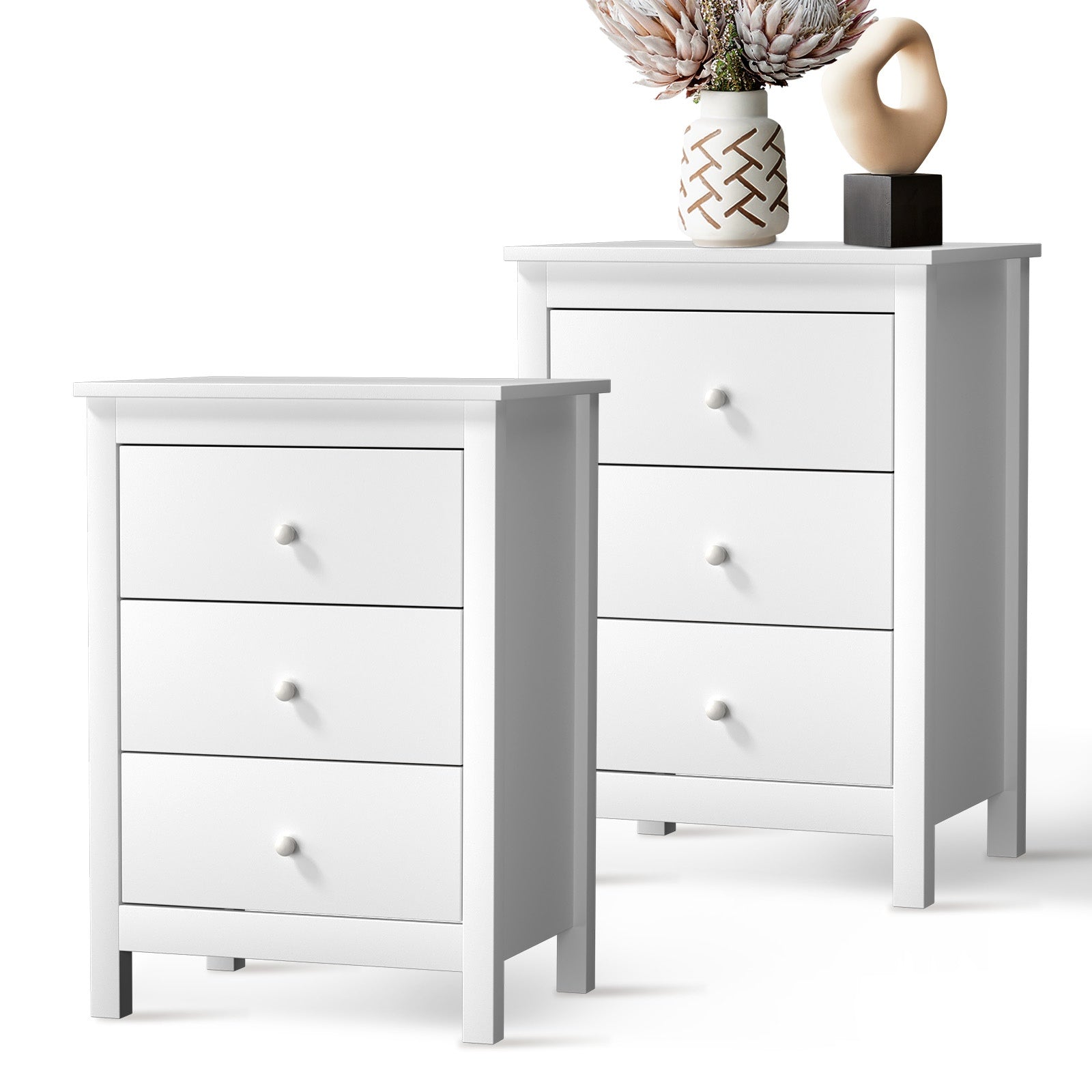 Oikiture Bedside Tables Set of 2 Nightstands Storage Cabinet 3 Drawers White - Sunyee