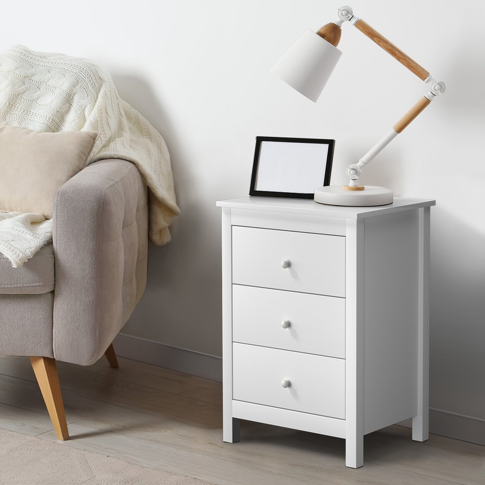 Oikiture Bedside Tables Set of 2 Nightstands Storage Cabinet 3 Drawers White - Sunyee