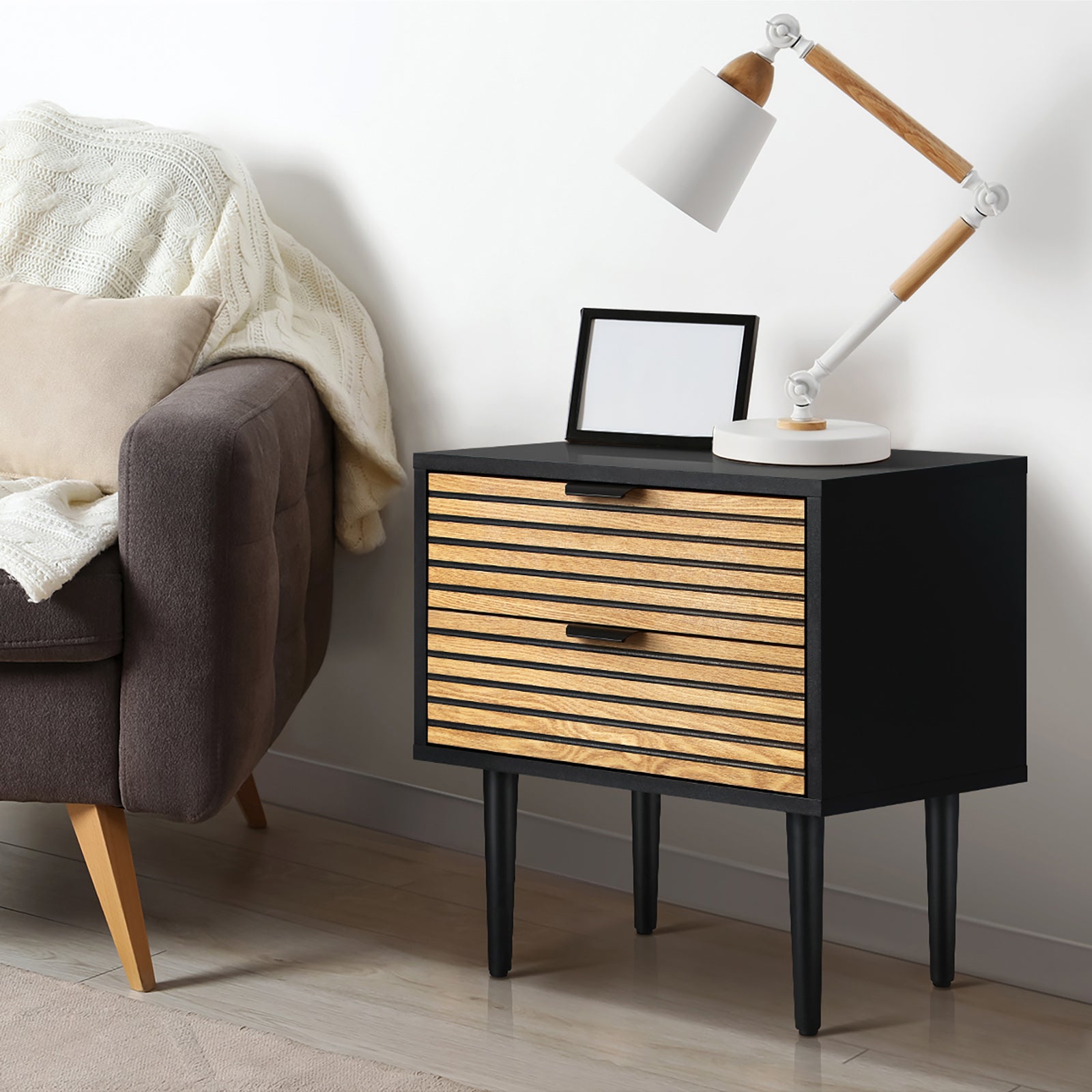 Oikiture Bedside Table 2 Drawers Side Table Bedroom Furniture Storage Unit Black - Sunyee