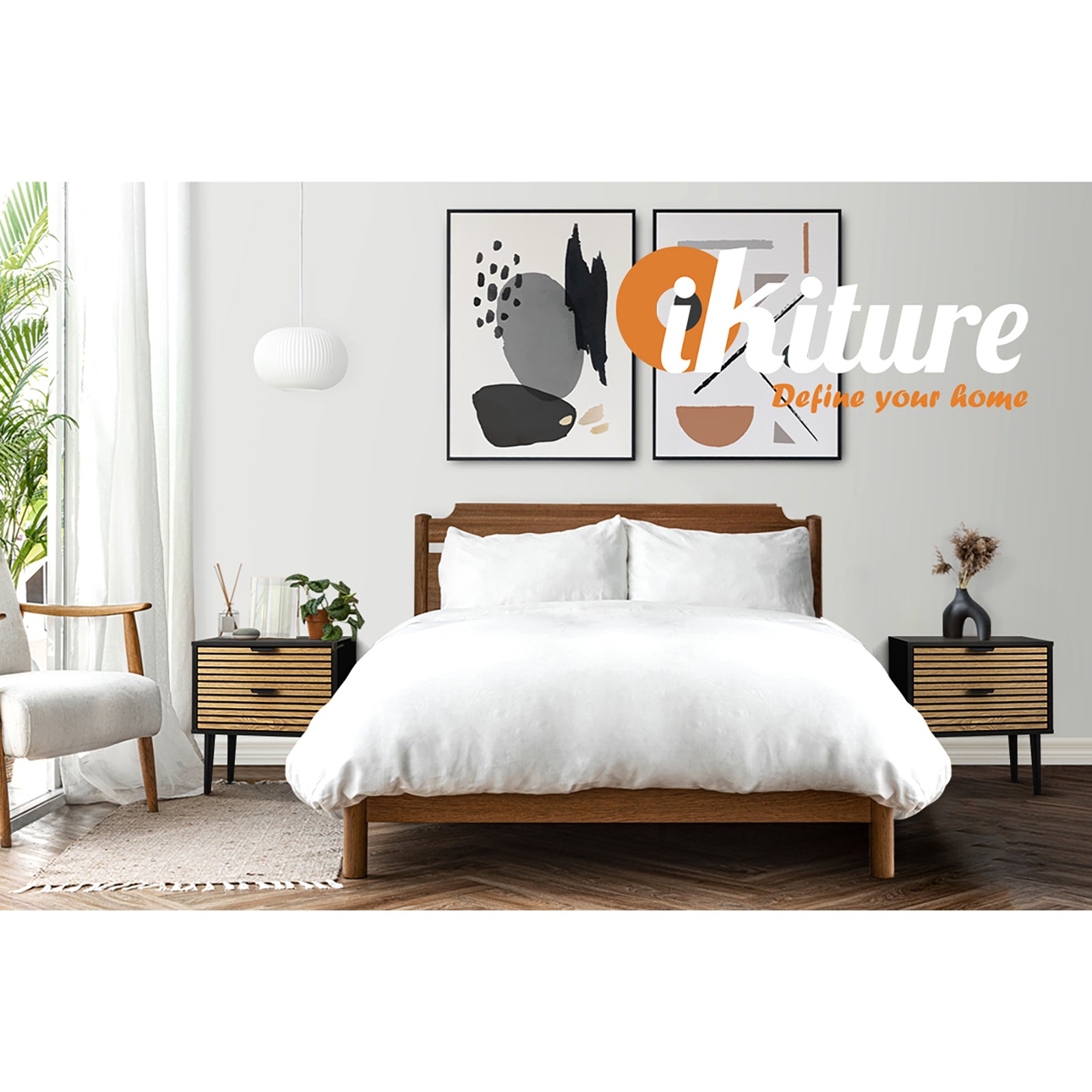 Oikiture Bedside Table 2 Drawers Side Table Bedroom Furniture Storage Unit Black - Sunyee