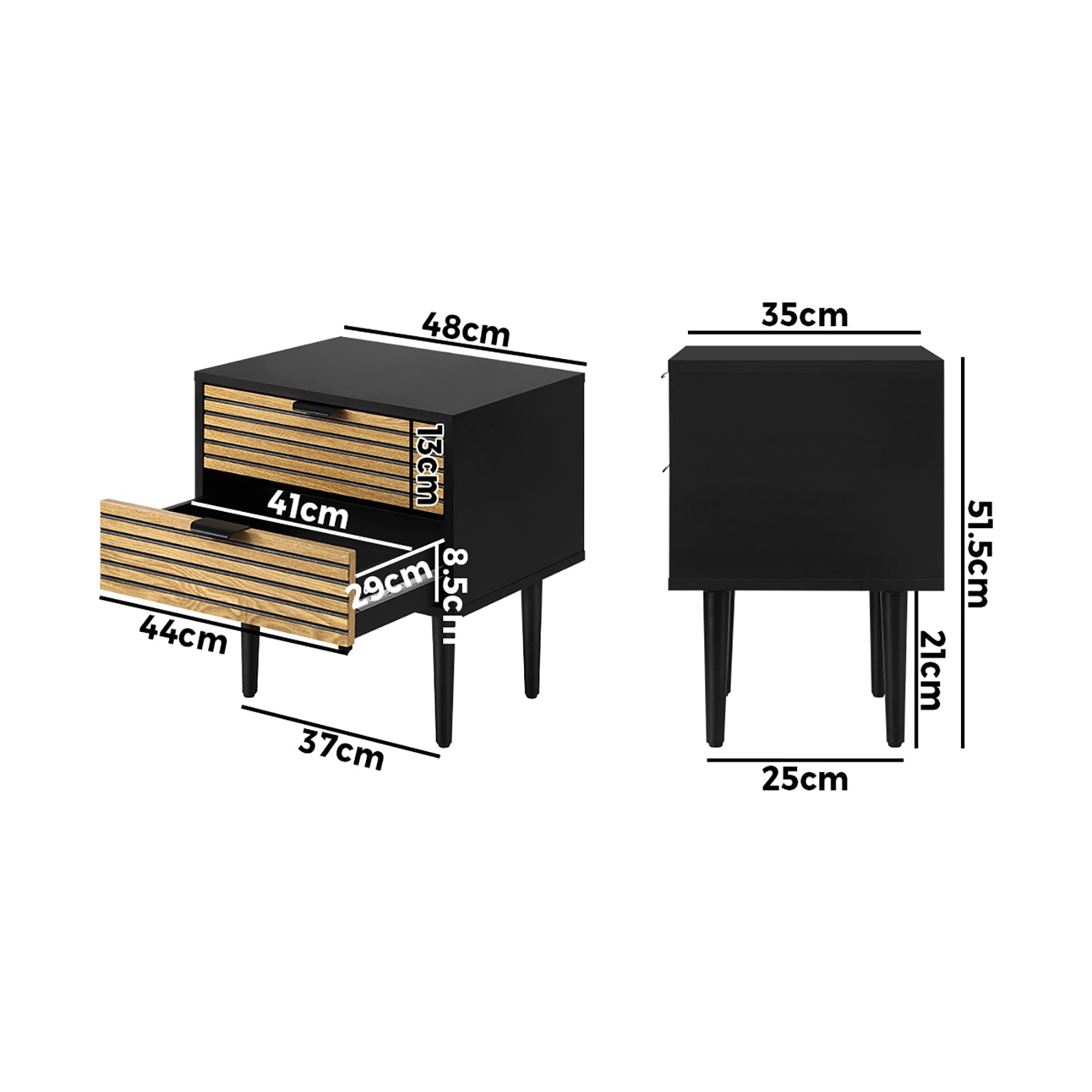 Oikiture Bedside Table 2 Drawers Side Table Bedroom Furniture Storage Unit Black - Sunyee